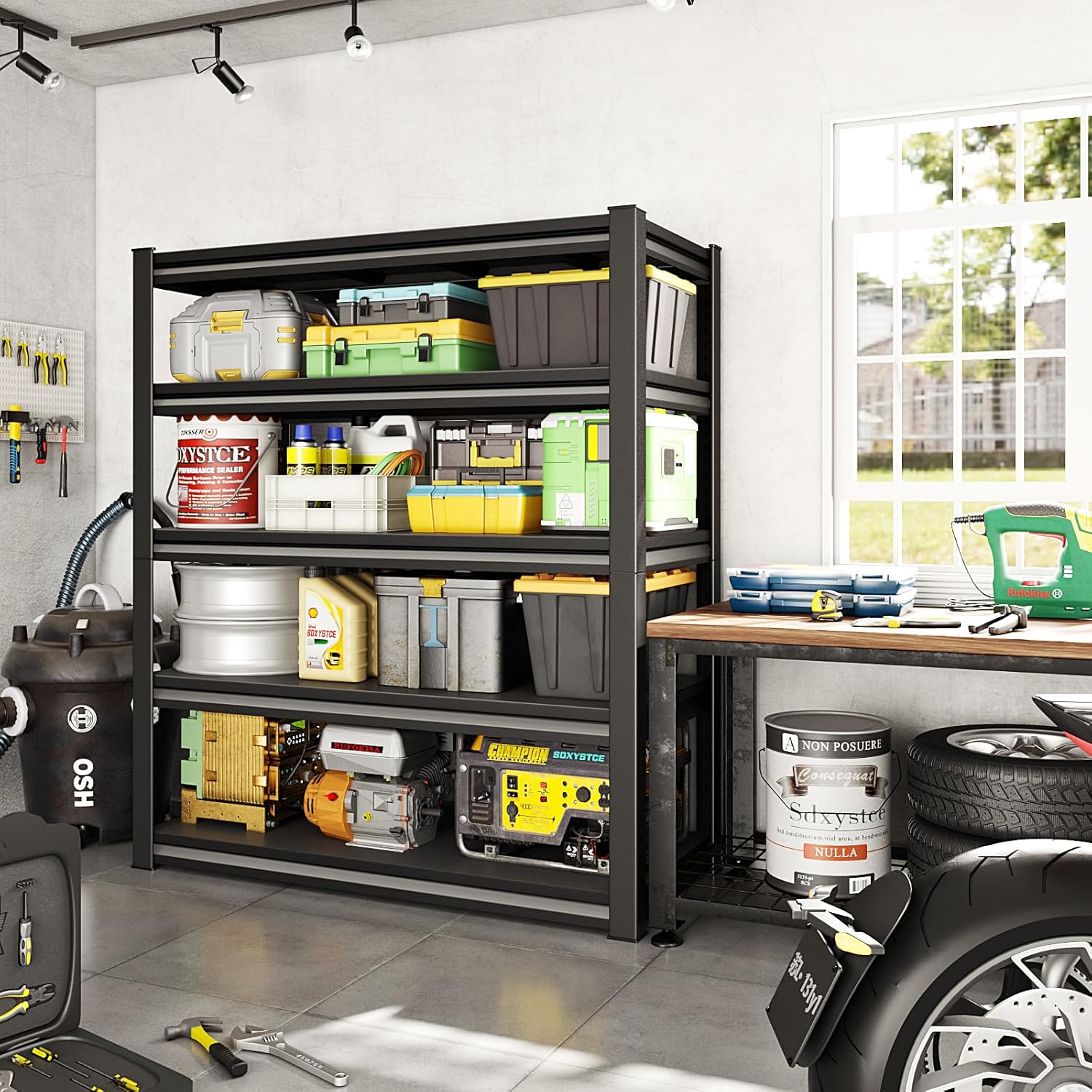 48" W Garage Shelving Heavy Duty，3000LBS Loads Adjustable Garage Storage Shelves,5-Tier Metal Storage Racks and Shelving Units, Utility Rack Shelves,48”W x 24”D x 78”H,Black