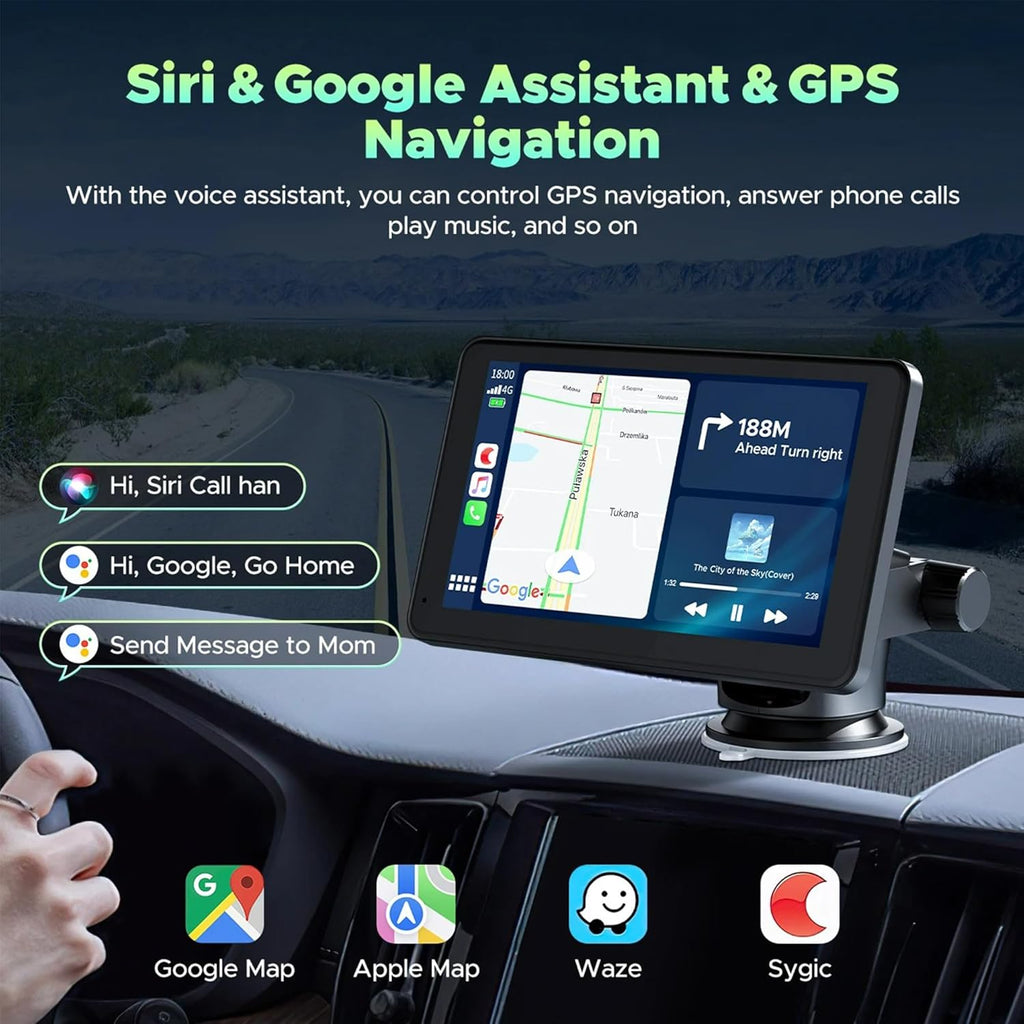 Portable Wireless CarPlay and Android Auto Screen for Car, 7" HD Touch Screen Car Stereo with Mirror Link, Bluetooth 5.0, Backup Camera, AUX,FM Transmitter for All Vehicle (with Camera)