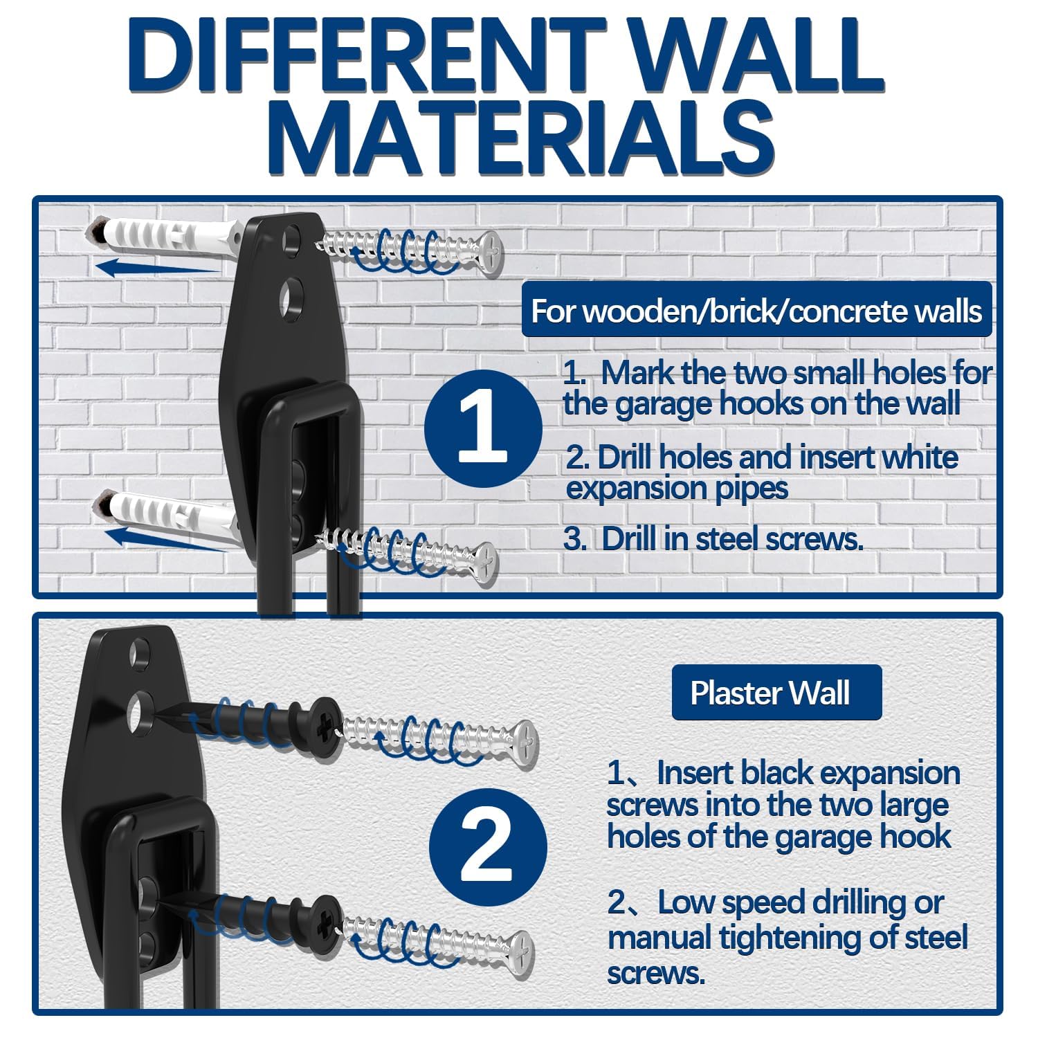 3-H Garage Wall Hooks 42 Pack, Heavy Duty Garage Hooks with Extra Welding Spots, Wall Mount Storage Organizer for Hanging Garden Lawn Tools, Ladder, Bike, WeedEater, Chair, Shovel, Blower (Black)
