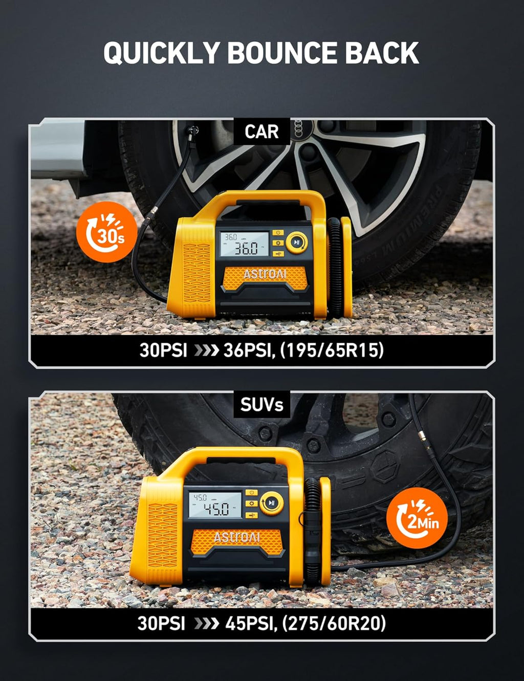 AstroAI TC3 Air Compressor Portable Tire Inflator Offroad Air Compressor for Truck 150PSI with Digital Display Air Pump for Car Heavy Duty for 4x4 Vehicle, RV, SUV, Car Accessories Yellow
