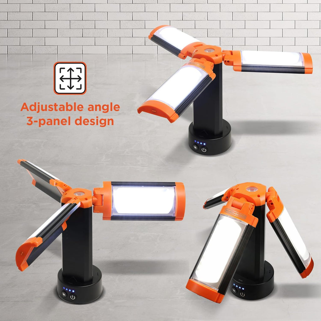 BLACK+DECKER Utility Light, Rechargeable 2000 Lumens LED 3 Panel Work Light with 6000mAh Battery Bank & Flashlight, 3 Light Colors, 4 SOS Modes, Dimmable, IP44 Water-Resistant, Magnetic & Hook Mount