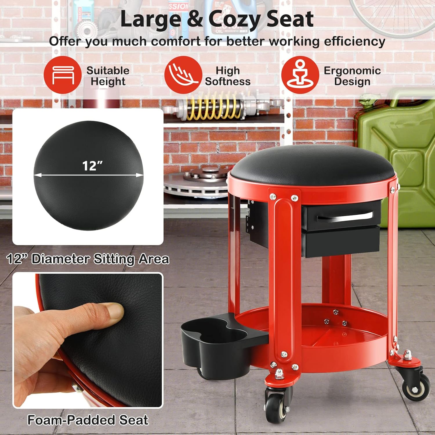 S AFSTAR Garage Shop Roller Seats, Adjustable Pneumatic Rolling Creeper Stool W/Removable Padded Seat, 2-Direction Drawers, Twin Can Holder, Round Mechanic Rolling Stool, 330 LBS Max Load