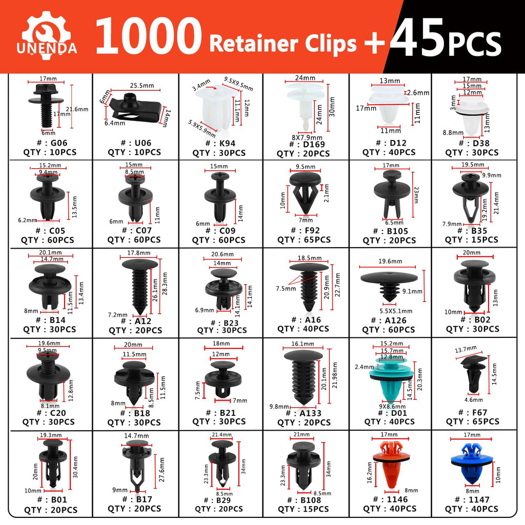 Ford GM Toyota Honda Chrysler Nissan Car Push Retainer Clips 1045pcs with 30 Popular Push Pins for Auto Parts Sizes - Includes 10 Cable Ties and Red Fastener Remover