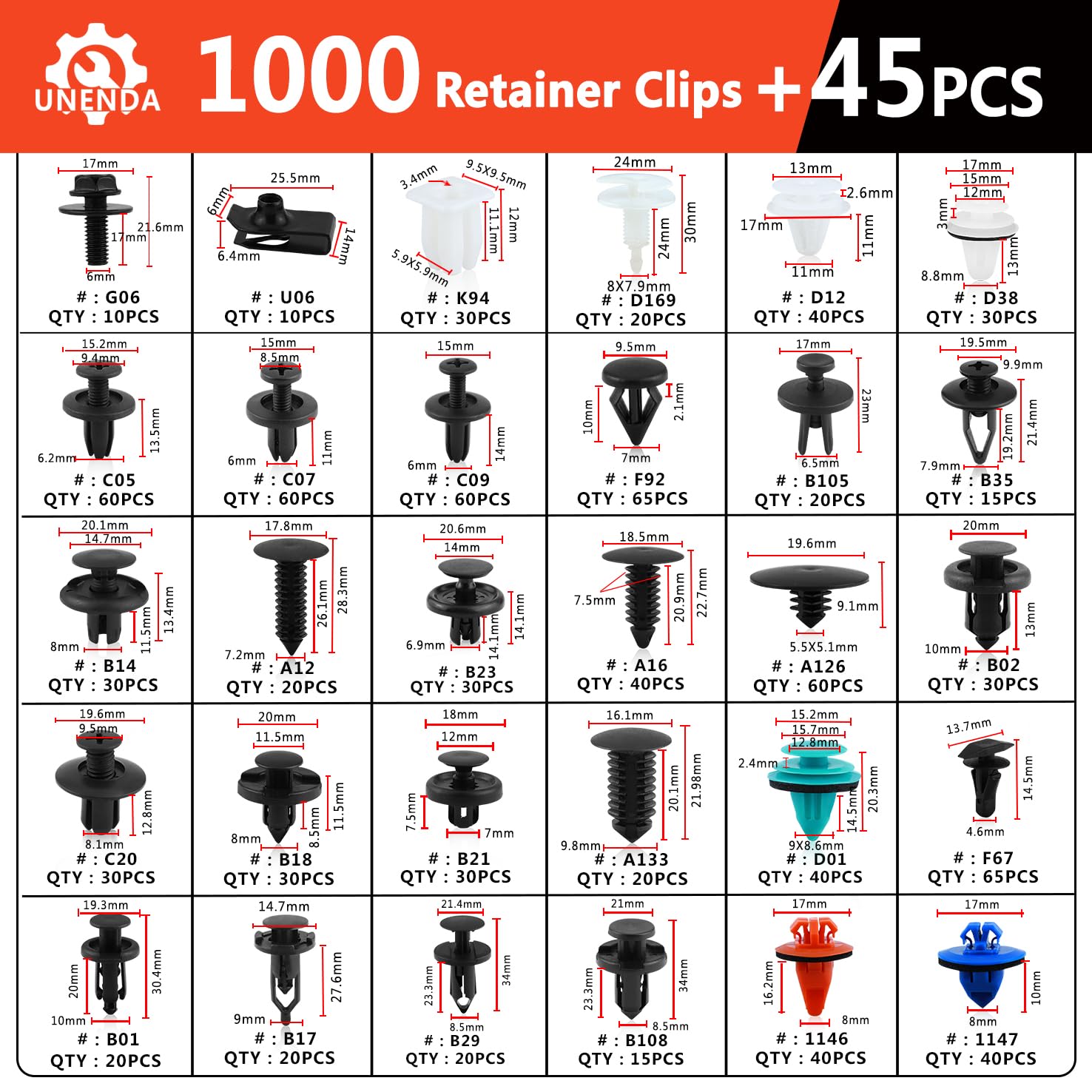 Ford GM Toyota Honda Chrysler Nissan Car Push Retainer Clips 1045pcs with 30 Popular Push Pins for Auto Parts Sizes - Includes 10 Cable Ties and Red Fastener Remover