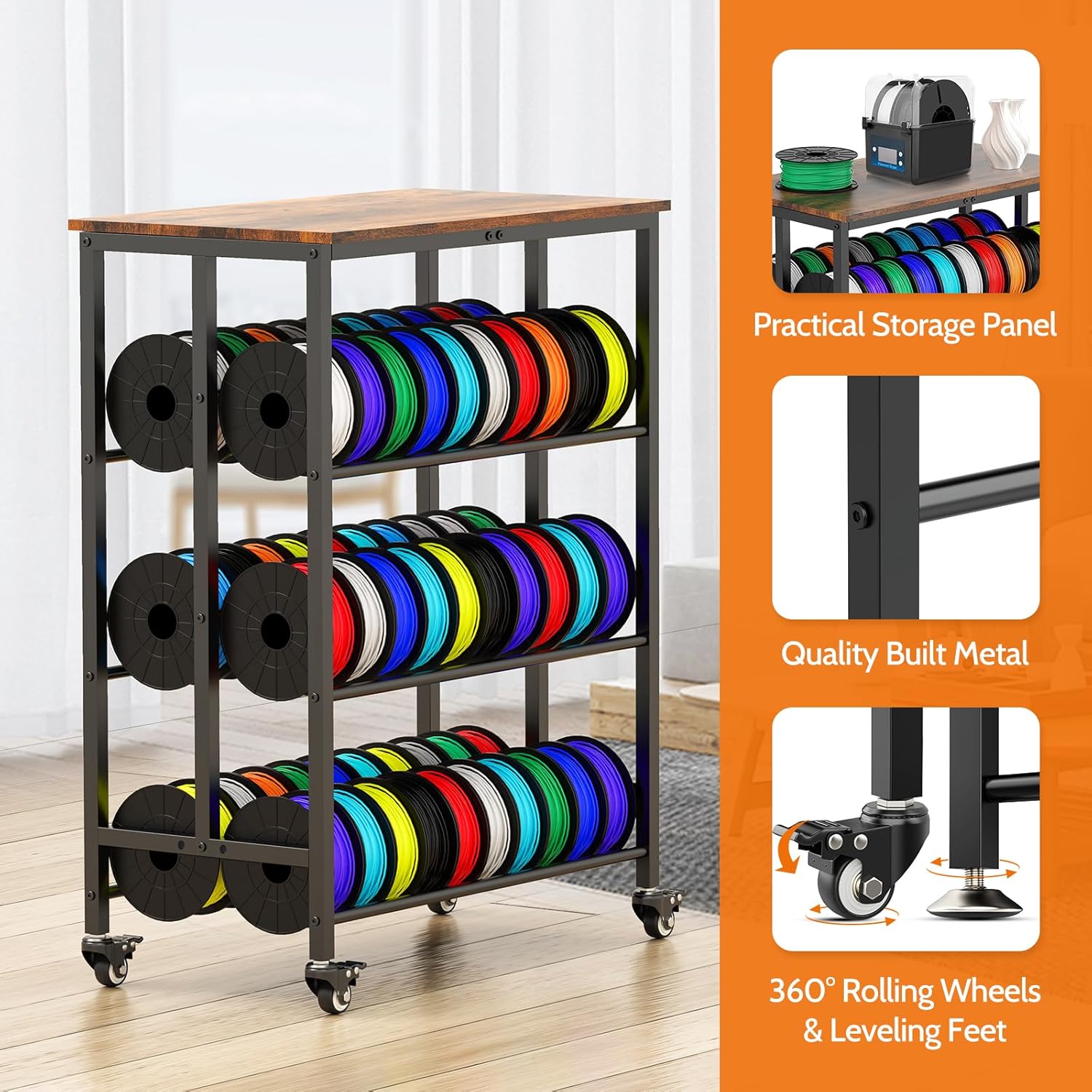 3D Printer Filament Cart, 2 Rows Filament Storage Rack Shelf for PLA/TPU/ASA/Nylon Filament Metal Storage Rack with Storage Board, 3D Printer Accessories for Workshop Garage Office Storage Tire Rack