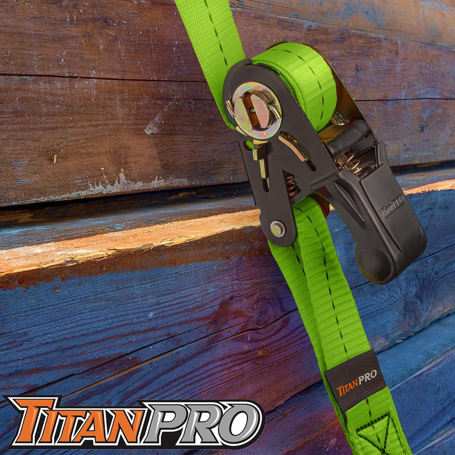 TitanPro Heavy Duty Ratchet Straps 4-Pack - 2,200lb Break Strength, 1" x 15' Rachet Tie Downs with Padded Handles - Heavy Duty, Truck, Motorcycle, Moving Straps (Green)