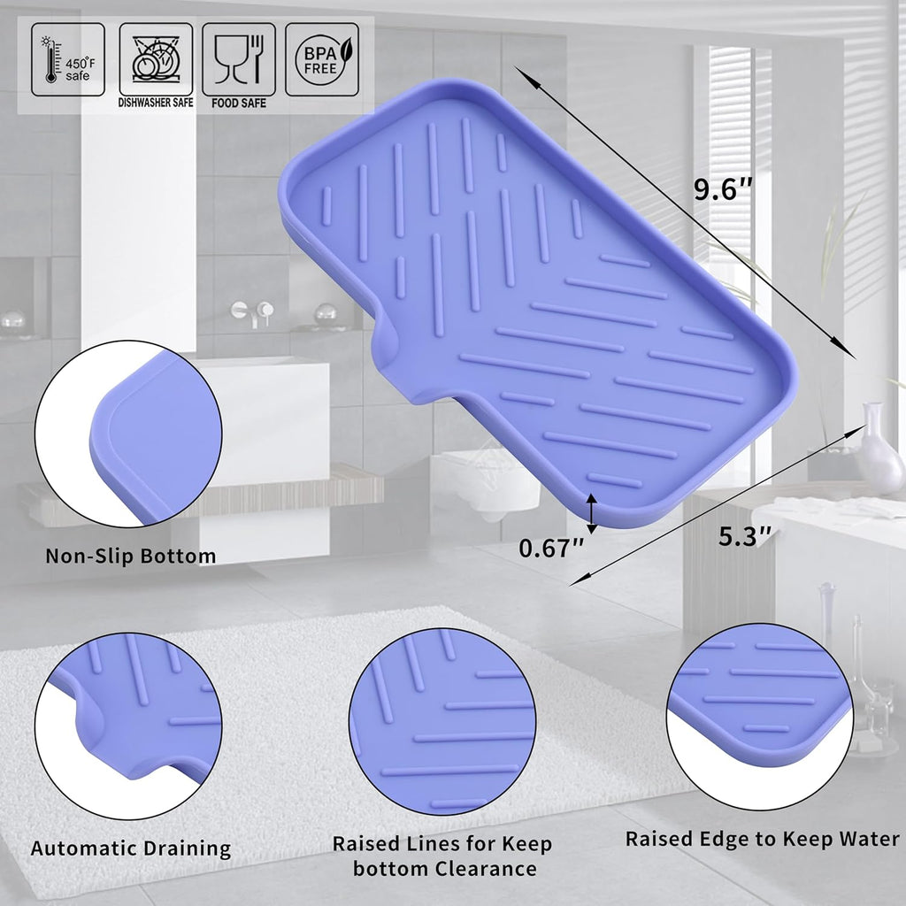 Silicone Bathroom Soap Dishes with Drain Spout-Bathroom and Kitchen Sink Organizer,Sponge Holder,Dish Soap Tray,Perfect for Dispenser,Scrubber,Bottle on Sink or Counter-Light Purple 9.6"×5.3"