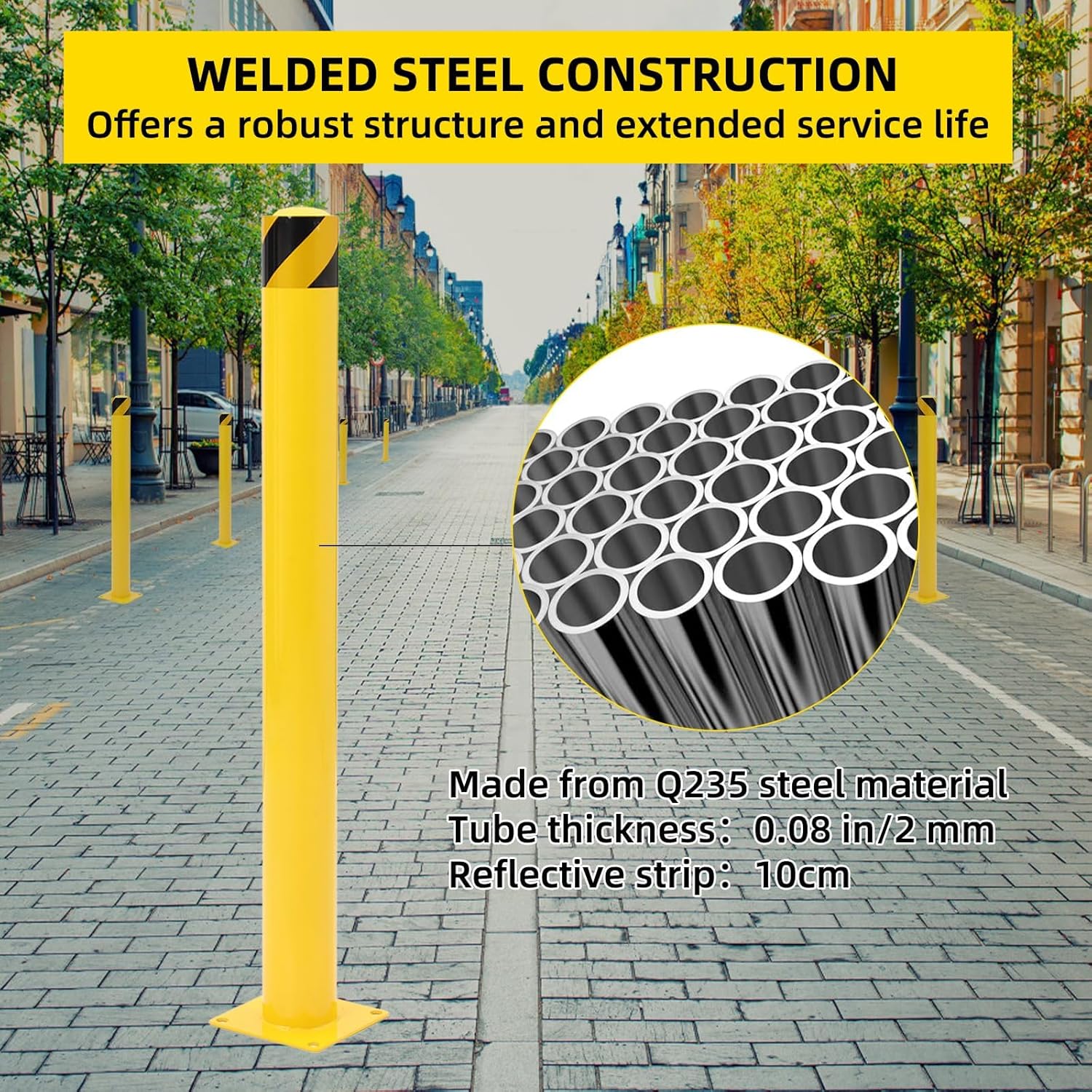4-Pack Heavy Duty Safety Bollards, 48" Height, 4.5" Diameter Steel Pipe Bollard Post with 16 Anchor Bolts, High-Visibility Yellow Parking Bollard for Traffic Control, Warehouses, & Pedestrian Safety