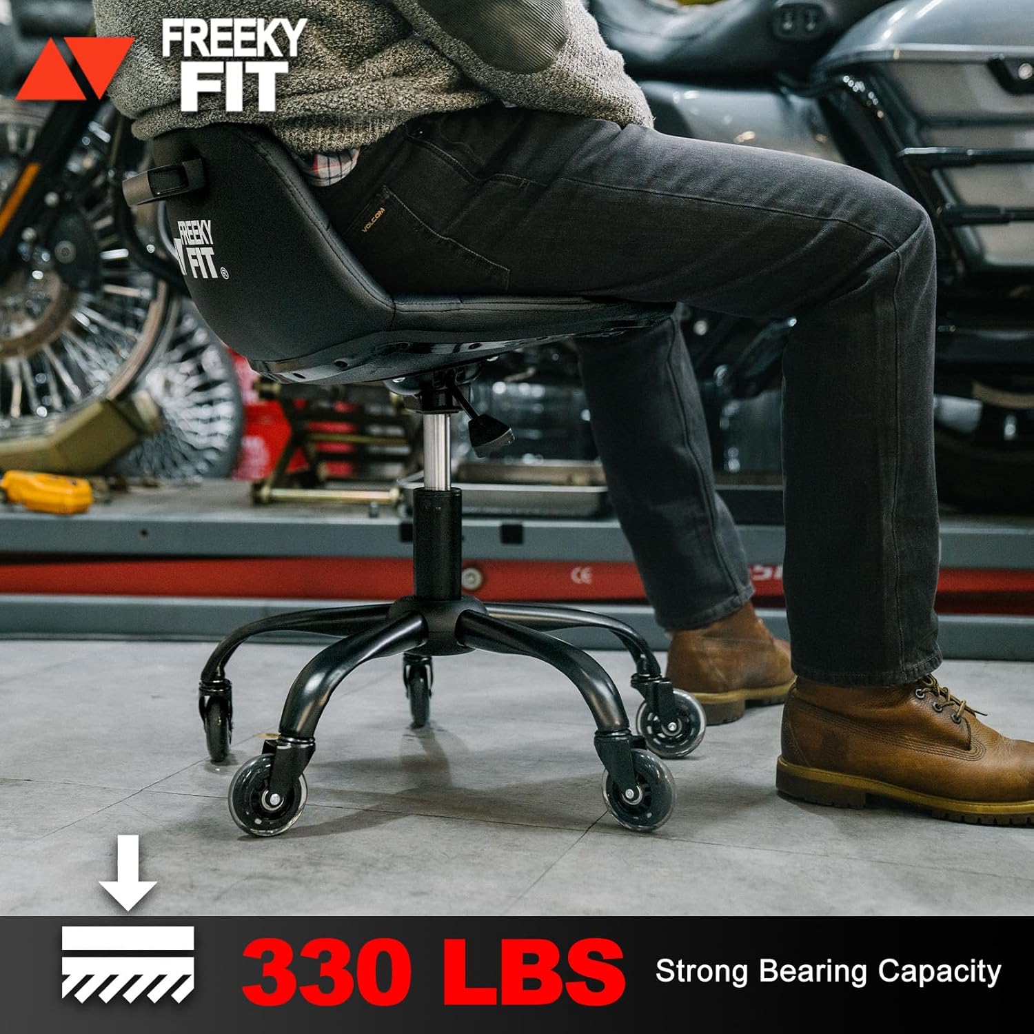 Rolling Stool with Wheels, Garage Shop Stool with Backrest, Roller Seat with Pneumatic Adjustable Height 16.93"-19.69", Heavy Duty Multi-Purpose Chair for Shop Salon Office Home, Red
