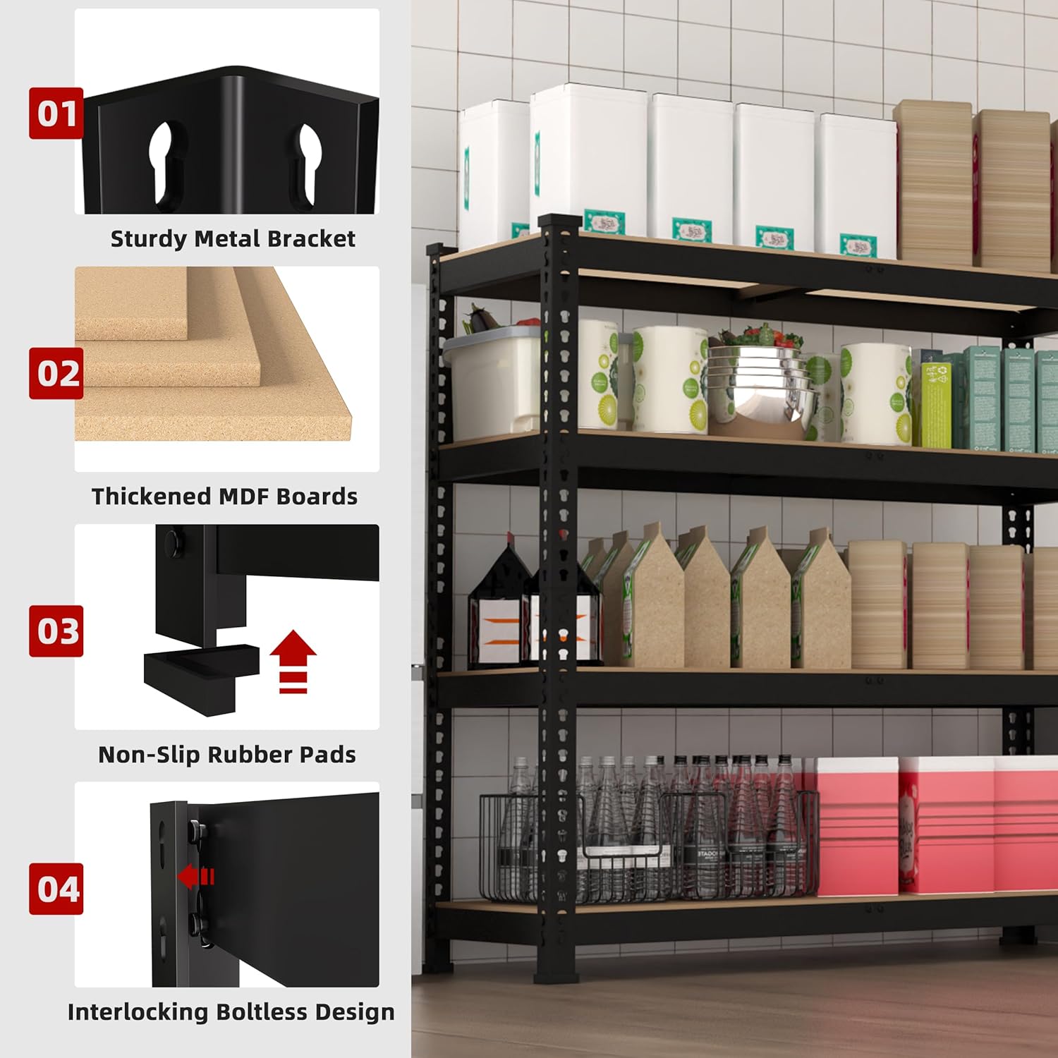 36" W x 16" D x 55" H Adjustable Garage Storage Shelves - 4-Shelf Heavy Duty Shelving Unit, Metal Utility Storage Organizer Racks for Warehouse Pantry Closet Kitchen, Black