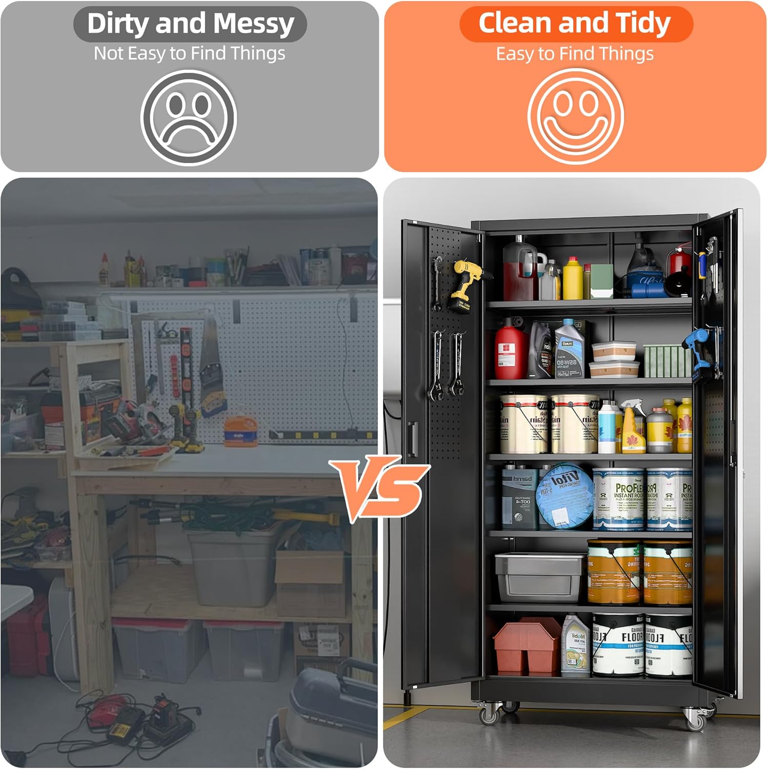 71" H×32" W×16" D Garage Storage Cabinet with Wheels, Locking Metal Storage Cabinet with 5 Adjustable Shelves, 4 Hooks and Pegboard for Garage, Home Office, Kitchen, Black, Assembly Required