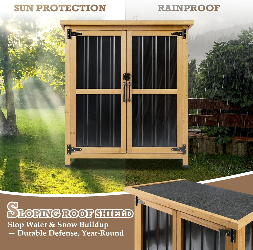 Outdoor Storage Cabinet Waterproof with Shelves, Storage Box with Lockable Doors, Wood & Metal Patio Yard Pool Garden Storage Cabinet Organizer, Gifts for Women Men