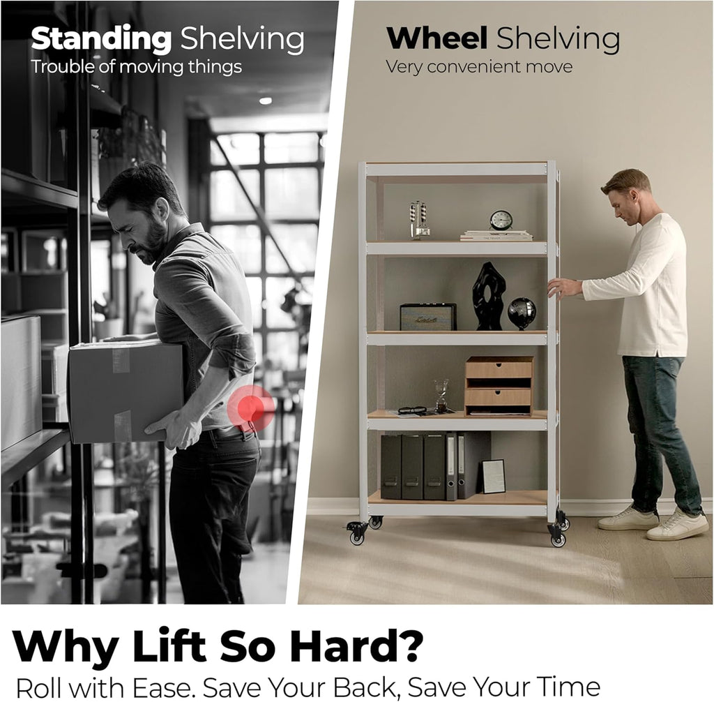 HOMEDANT House White 5-Tier Metal Rolling Cart Shelf Rack Casters Heavy Duty Wheel Shelving Unit Adjustable Utility Storage Shelves Organizer Shelf Kitchen Garage 24.4" W x 16.5" D x 62.2" H 2Pack