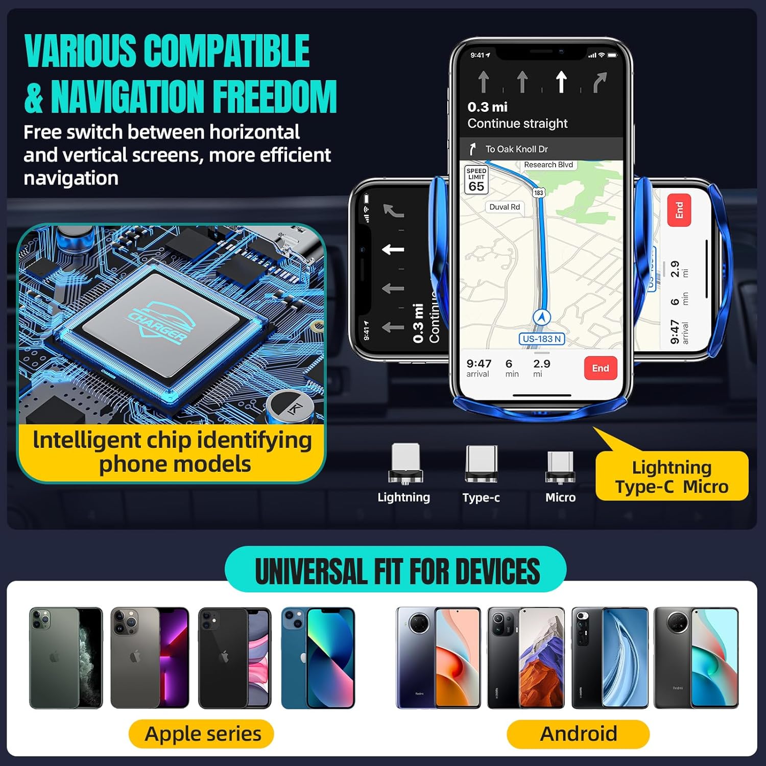 Wireless Car Charger, MAX 15W Fast Charging Auto Clamping, Sensing Phone Holder Mount, fit for iPhone 16 15 14 13 12 Pro Max Xs X, Samsung Galaxy S24 Ultra S23 S22 S21 S20 Note 20 (3-Blue)