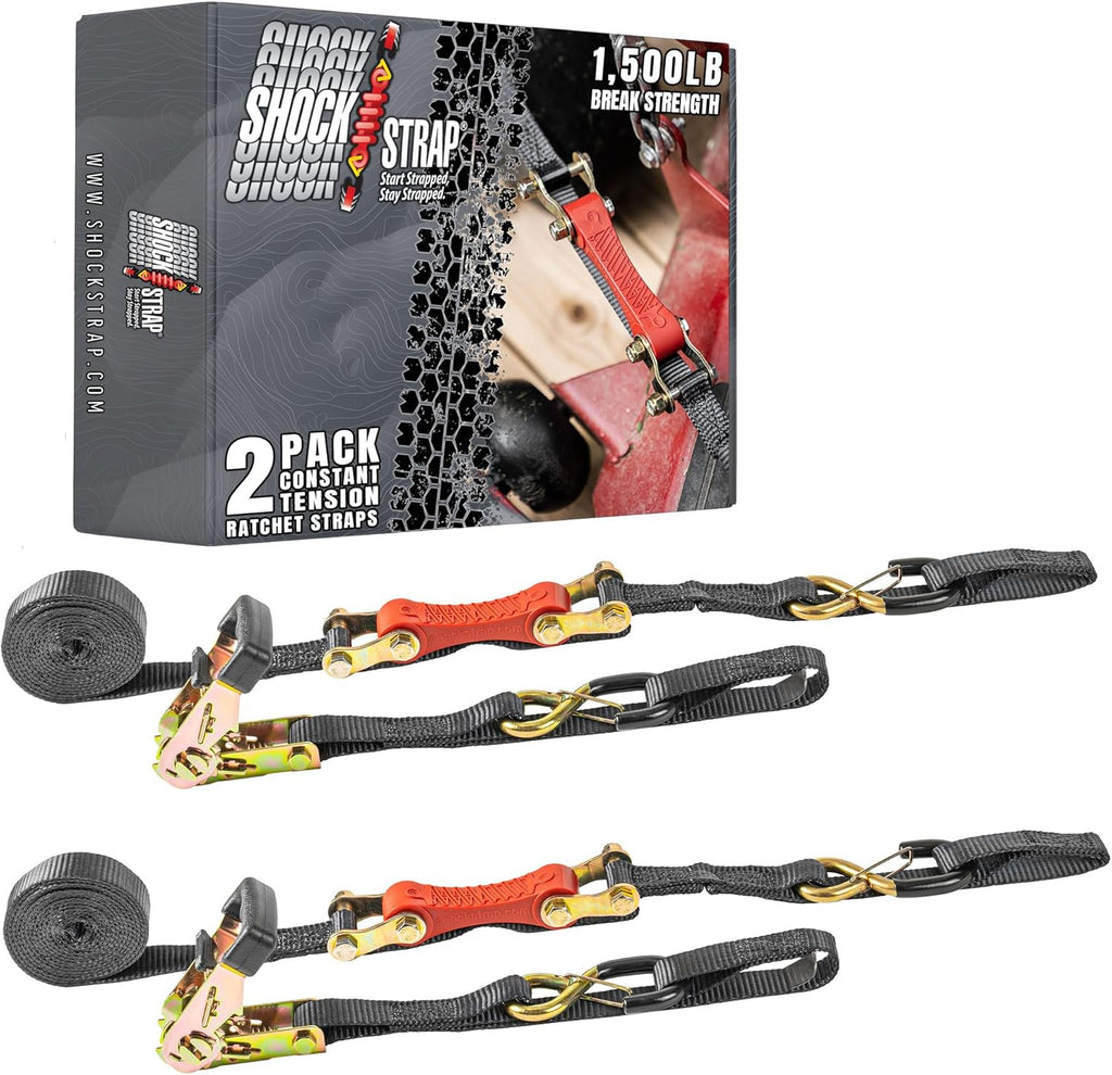 Ratchet Strap, 10' x 1" Shock Absorbing Heavy Duty Tie Downs for Cargo, 500 LB WLL / 1,500 LB Break Strength, 2-Pack