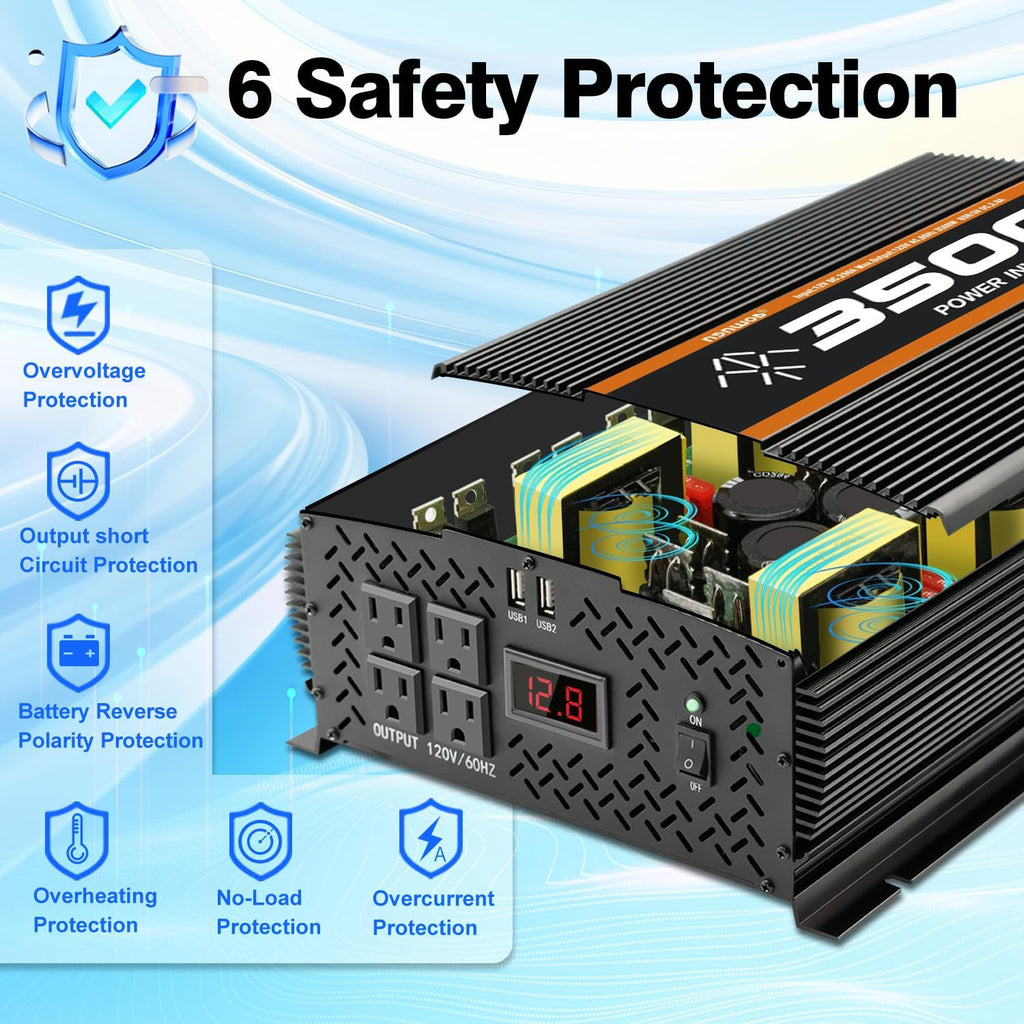 3500 Watt 12v Power Inverter for Vehicles car Truck RV Solar, dc 12v to 110v ac Converter with 4 AC Power Outlets 2 USB Ports LCD Display-3500W