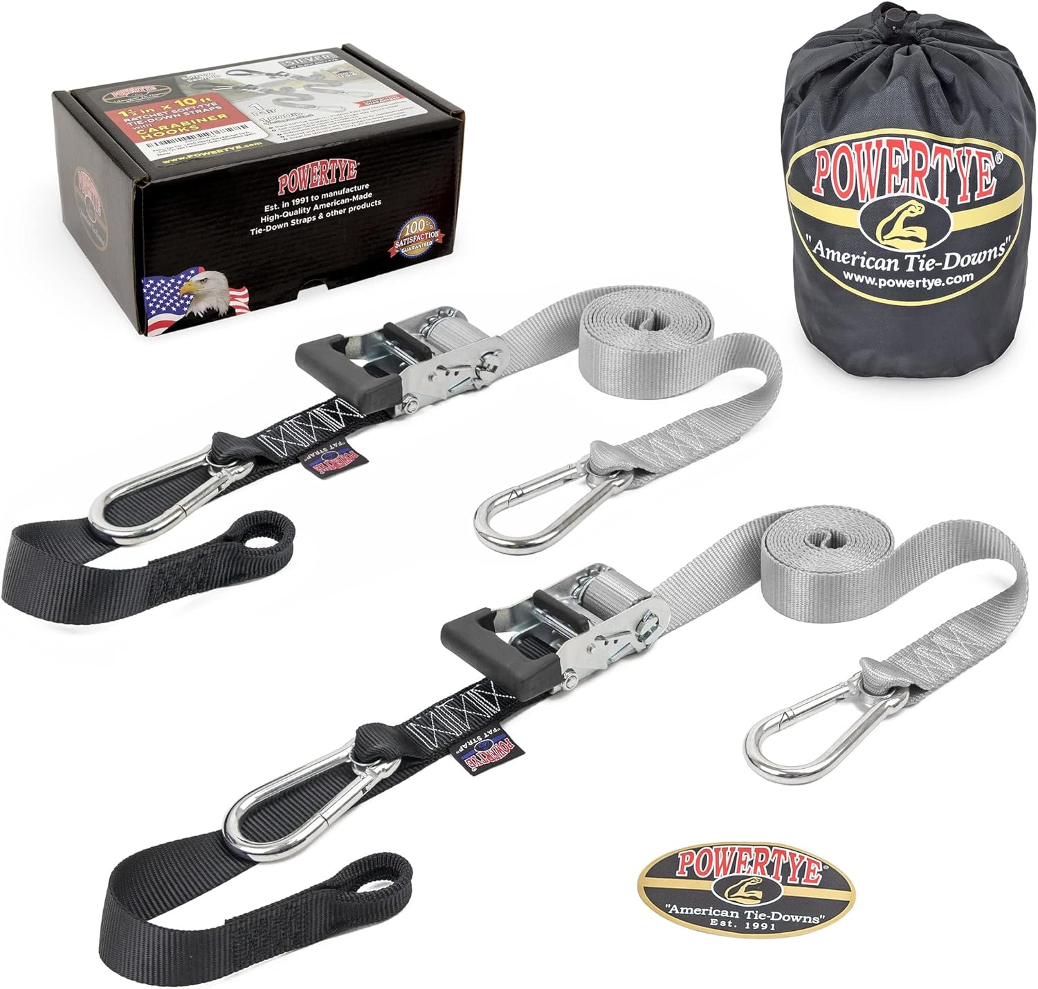 PowerTye - Made in USA - Extra Long Ratchet Tie Down Straps, Heavy Duty with Carabiner Hooks, Soft-Tye & Bag, for Motorcycle, ATV & Cargo, 1,000 lb WLL, 1.5 inch x 10ft Long, Silver/Black (Pair)