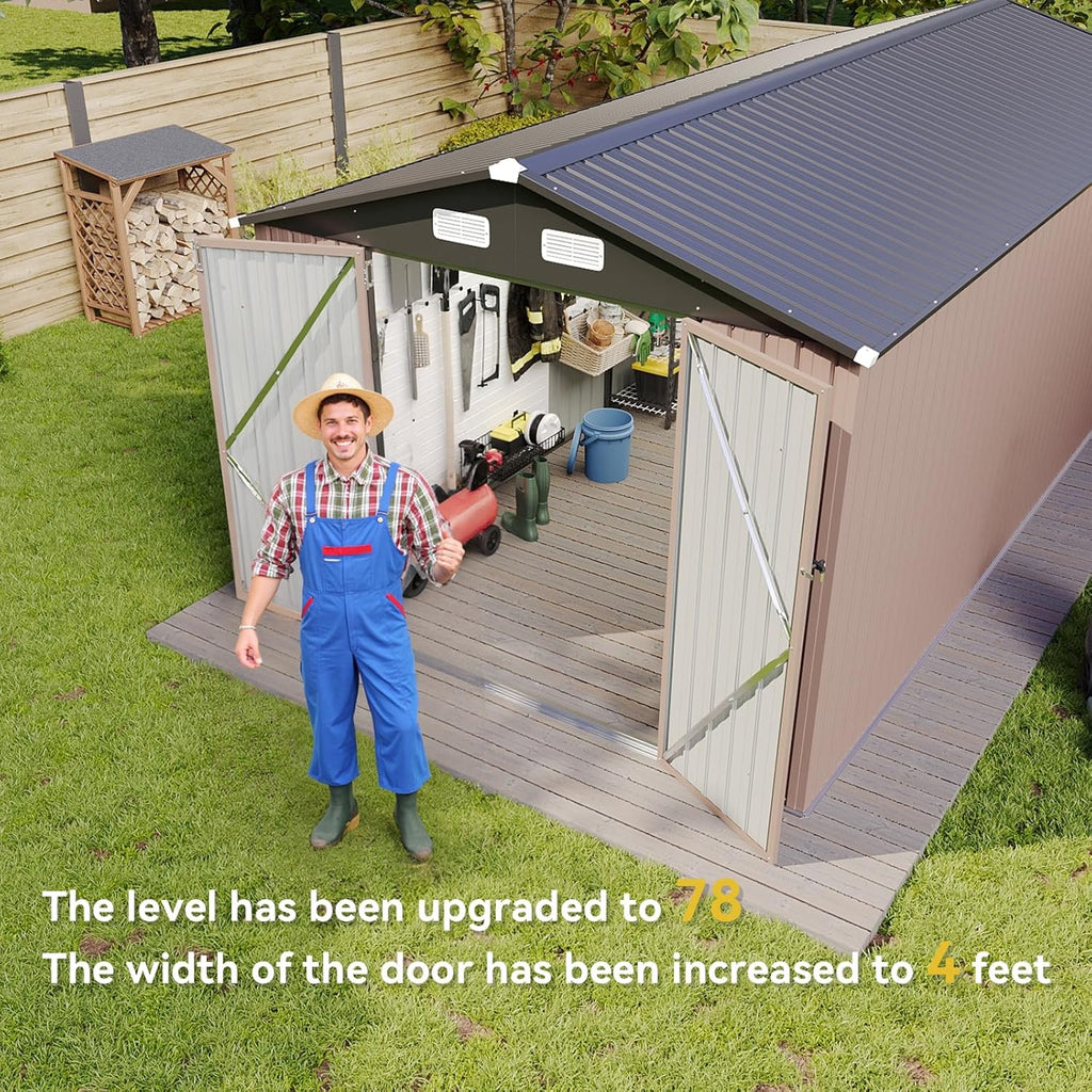Aoxun 8 x 15FT Outdoor Storage Shed with Double Hinged Large Door Utility Garden Shed with Lockable Door & Sloped Roof Metal Sheds Outdoor Storage for Garden, Backyard, Patio and Backyard, Brown