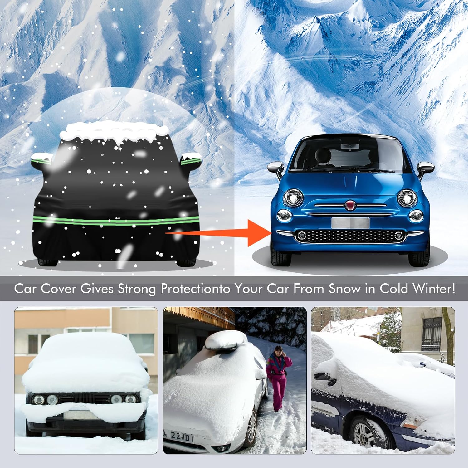 Replace for 2007-2023 Fiat 500/500C Car Cover 210D Outdoor Waterproof UV Snow Rain Protection, with Cotton Layer, Zipper Door, Reflective Strip, Storage Bag, for Abarth Turbo Sport Lounge Pop