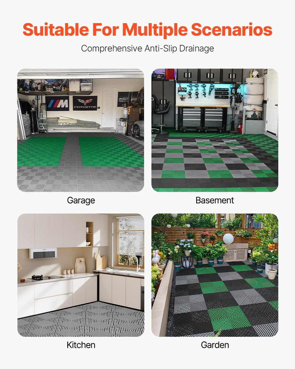 VEVOR Interlocking Drainage Mat, 12” x 12” Modular Interlocking Cushion, 12 Pcs Splicing Drainage Mats, Non-Slip Gray PP Drainage Floor Tile and Shower Mat, for Garage, Garden, Kitchen & Outdoor