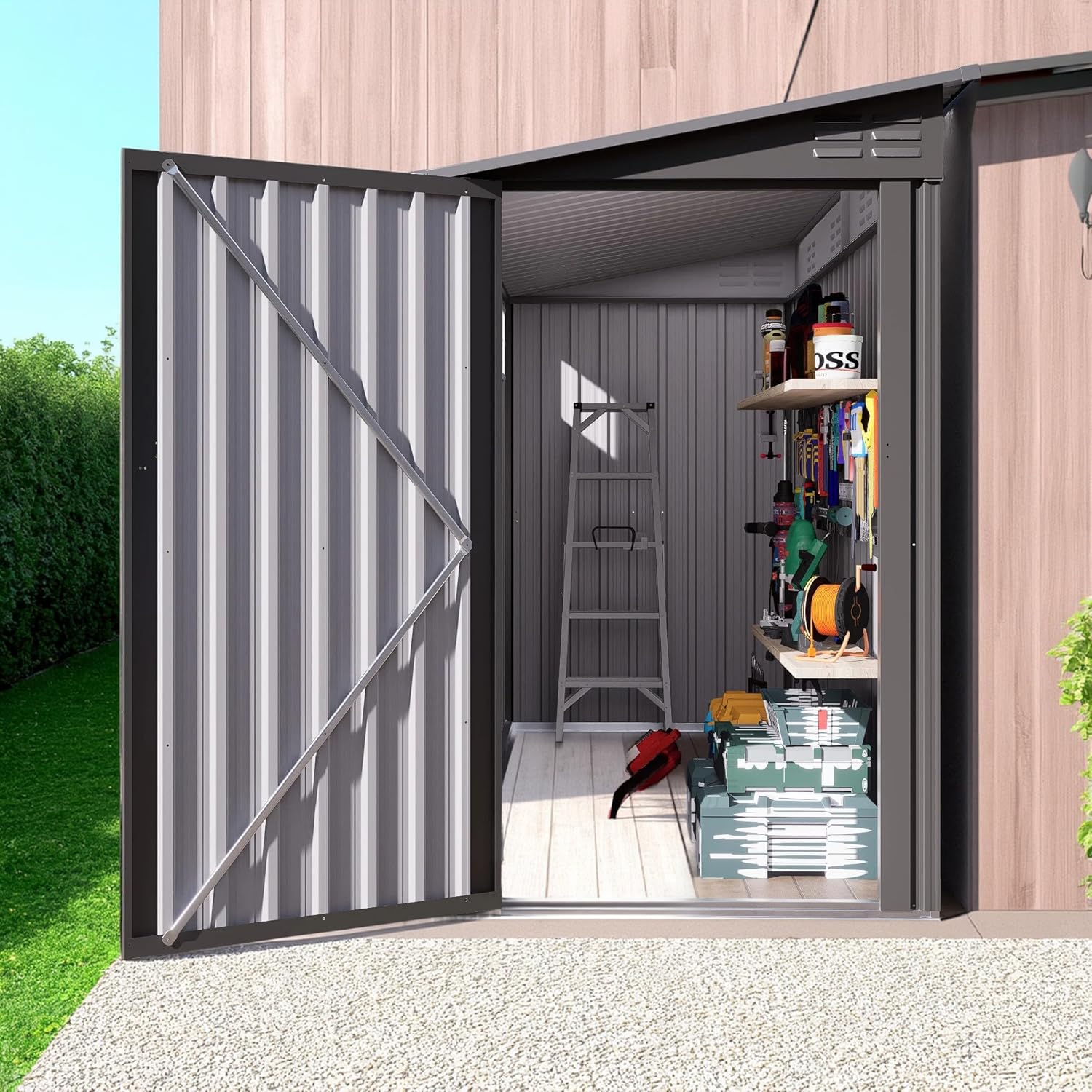 4 x 9 FT Metal Outdoor Storage Shed w/Clear Window, Lean to Storage Sheds with Lockable Door and Air Vents, All Weather Waterproof Garden Tool House for Backyard, Patio, Lawn, Gray