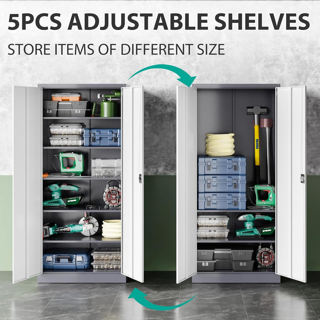 Wide & Deep Metal Storage Cabinet with 6 Shelves,72 inch Tall Garage Storage Cabinet with Lock,Gray White Metal Cabinets with Locking Doors,Large Steel Lockable Cabinets for Home,Office,Shop,Garage