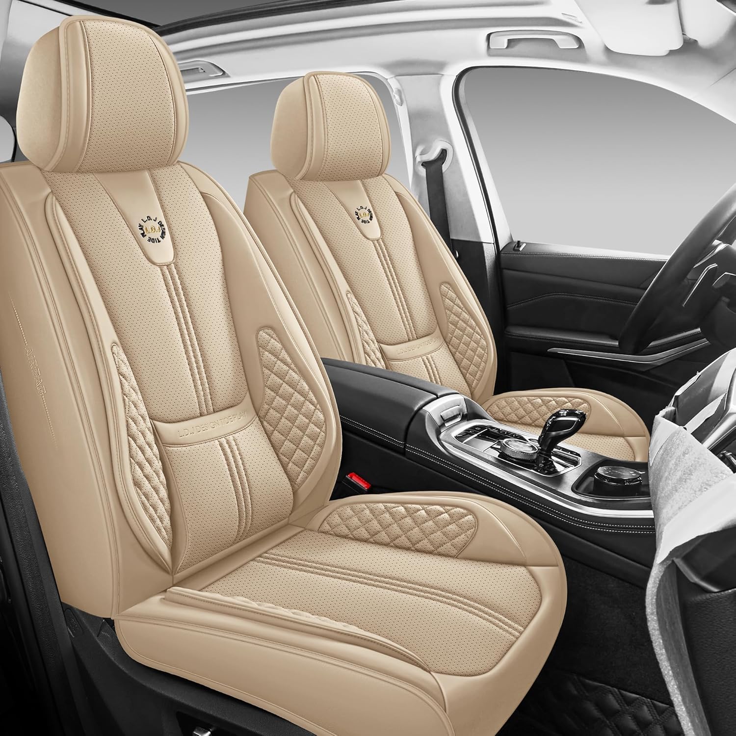 Car Seat Covers Full Set, Black Seat Cover for Cars Compatible Airbag, Easy Install Luxury Leather Automotive Seat Covers with Lumbar Support, for Car, Truck, SUV, Beige