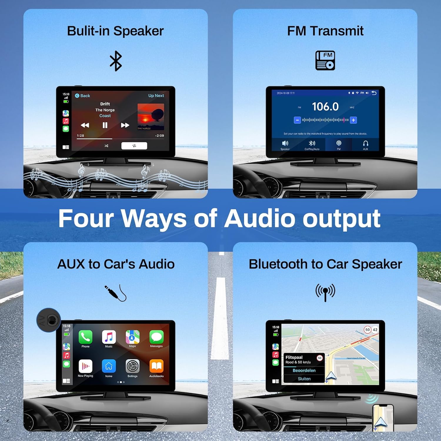 Wireless Carplay Screen for Car with 4K Dash Cam, 9" Portable Carplay & Android Auto, Component Subwoofer, Touchscreen with 1080p Backup Camera, GPS Navigation/Voice Control/BT/Mirror Link/FM