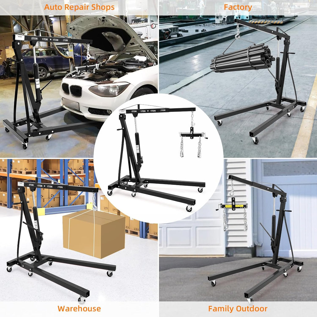 Engine Hoist with Lever, 2 Ton 4000 Lbs Heavy Duty Folding Cherry Picker Engine Lift Hydraulic Tilting Engine Shop Crane with 6 Iron Caster Wheels Telescopic Boom Hitch,Black