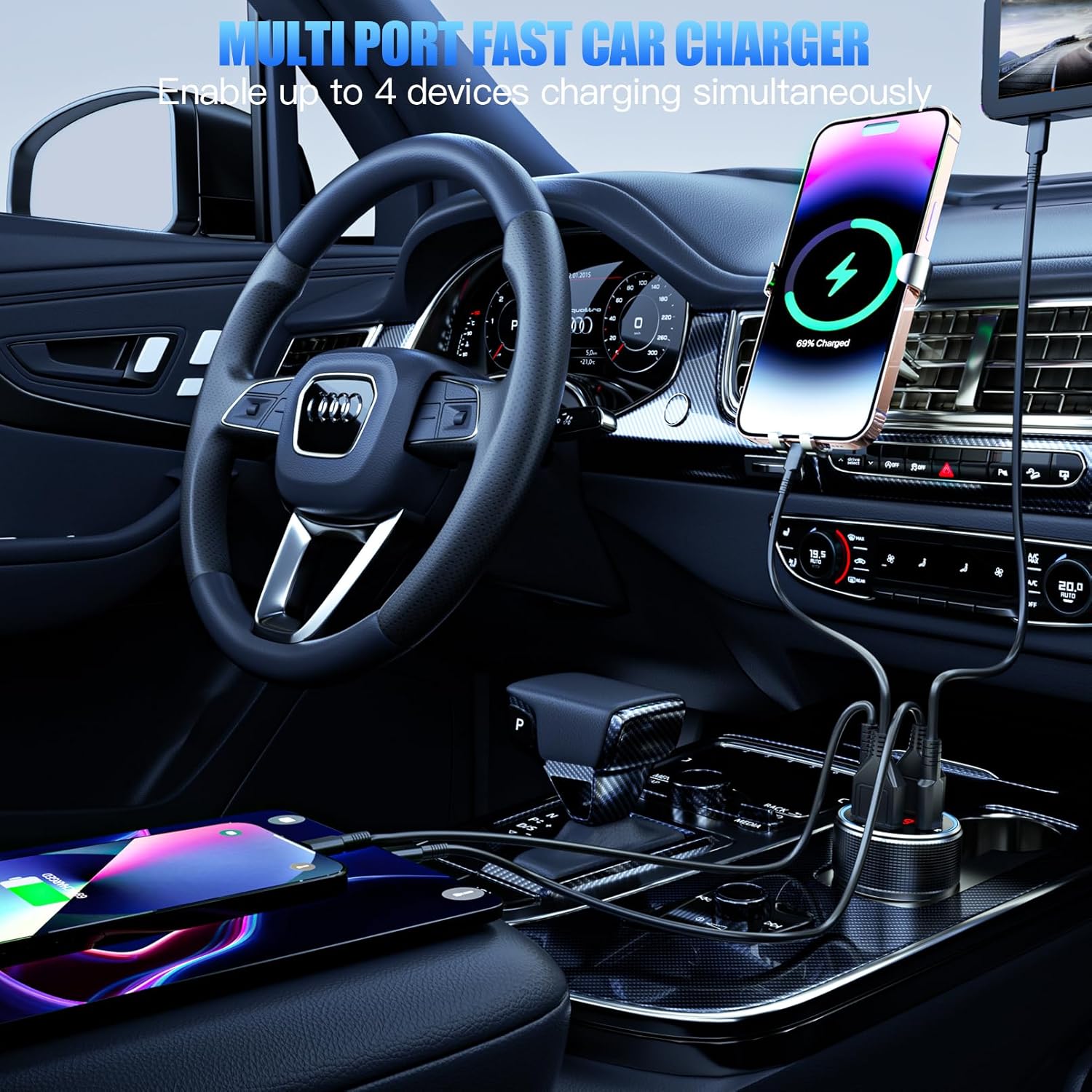 Car Charger with USB C Cable, 78W 4 Port Car Phone Charger Adapter Fast Charging, Dual USB C Car USB Adapter for iPhone 16 15 14 13 12, iPad, Samsung Glaxy, Android (Black & Cable)
