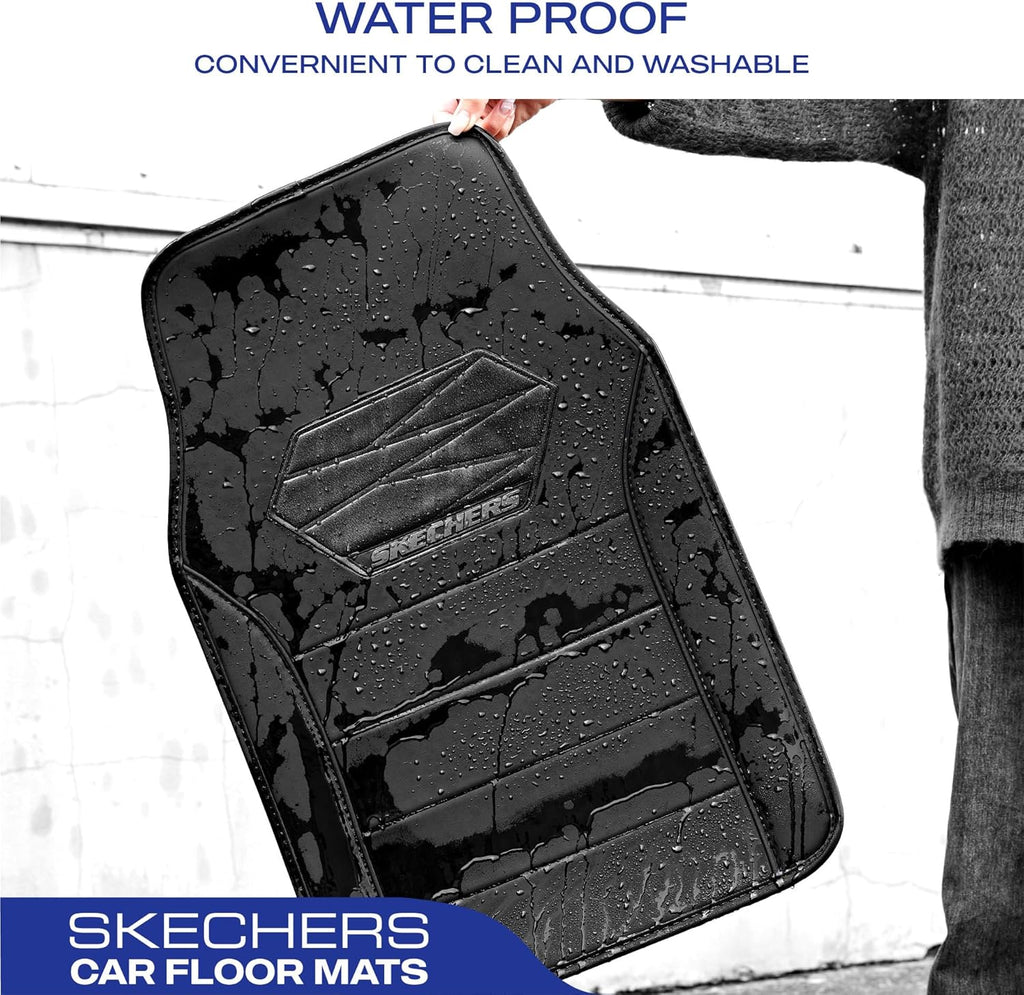 Skechers Memory Foam Car Mats, Leather Piping with Anti-Slip Pad, Universal Waterproof Fit Automotive Floor Mats for SUV, Vans, Sedans, Trucks, Full Set 4pcs Black