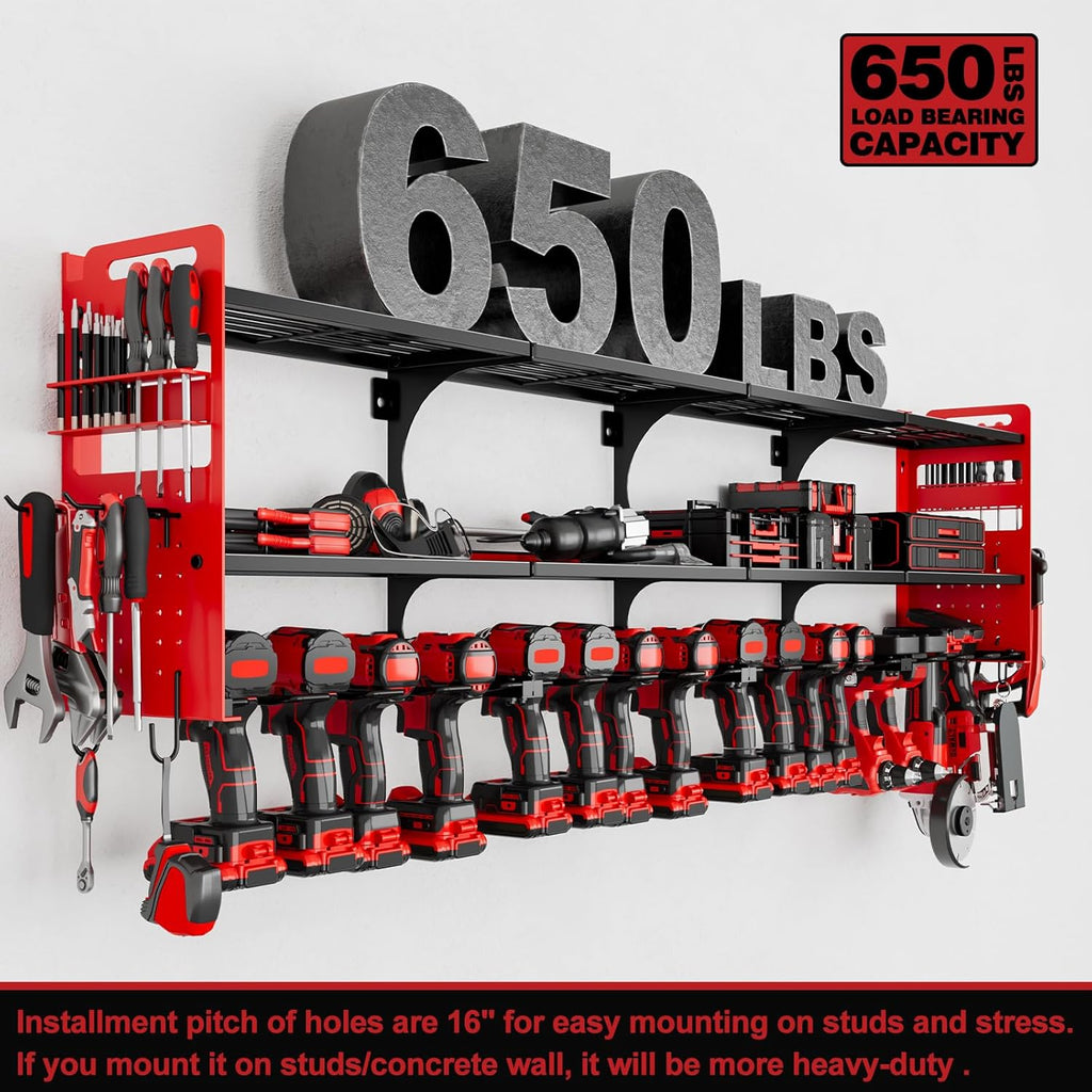 64" Power Tool Organizer Wall Mount, 16 Slots, 3-Tier Drill & Cordless Tool Storage Holder with Pegboard Sides, Tool Wall Organizer for Garage & Workshop Red