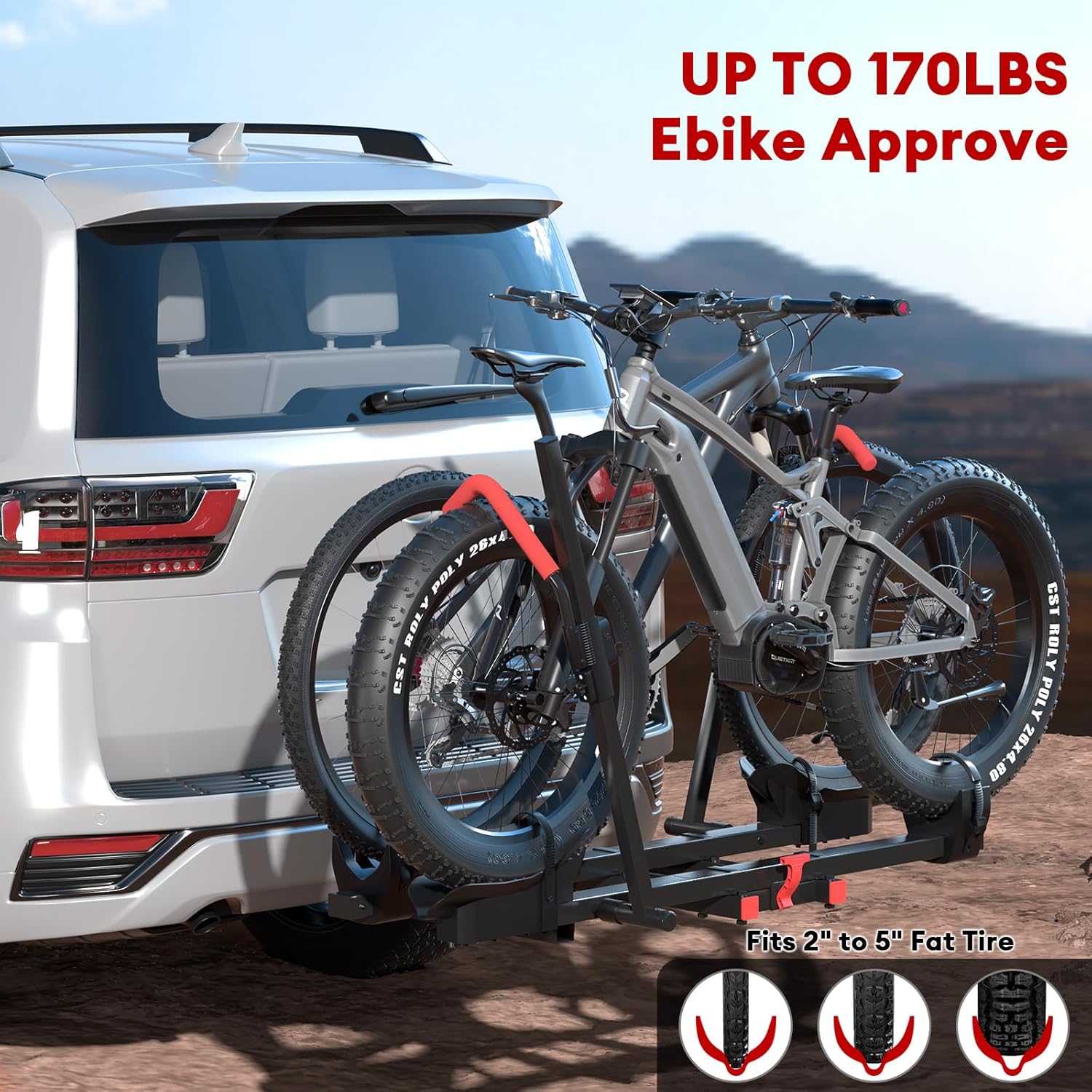 Hitch 2 EBike Rack with Ramp, 170lbs Capacity Electric Bike Carrier Foldable for 2 Heavy Ebike, Up to 5-inch Fat Tire Bicycle, 2" Receiver for Car, SUV, RV, Truck, Black