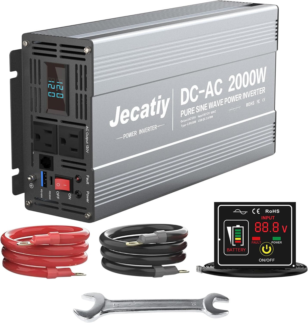 2000 Watt Pure Sine Wave Power Inverter DC 12V to 110V/120V AC Converter with 2 AC,18W USB, and 30W Type-C Charging Ports, Car Solar Power Inverters with LCD Display for Home RV Truck