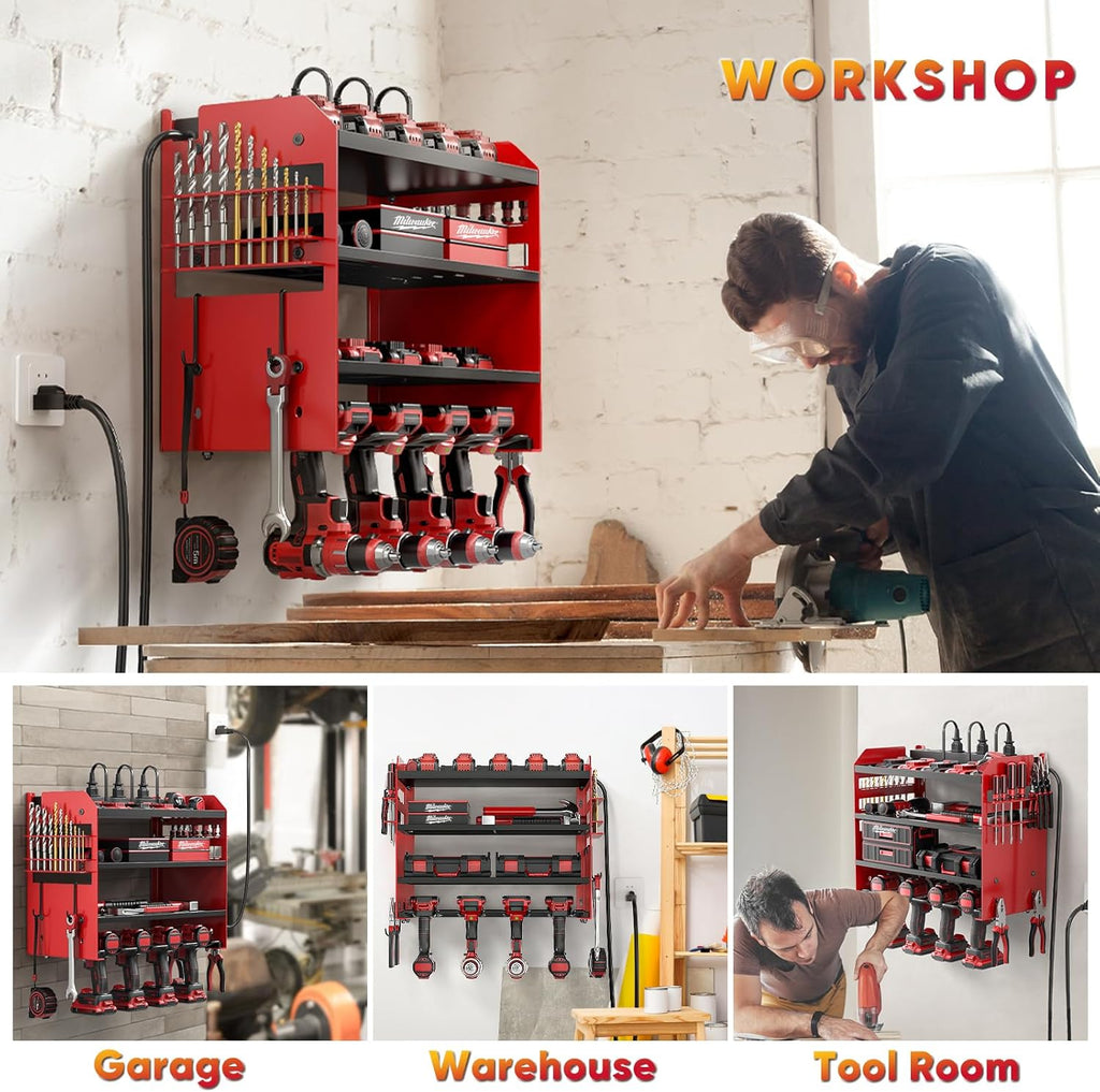Power Tool Organizer Wall Mount with Charging Station,Tool Storage Rack with 8 Outlet Power Strip,Heavy Duty Metal Battery Utility Rack with 4 Cordless Drill Holder 6.56 Ft Cord for Garage