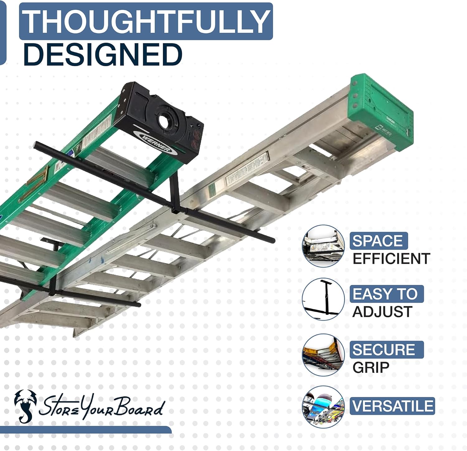 StoreYourBoard Double Ladder Ceiling Rack – Hi Port 2 Garage Ceiling Ladder Hanger | Adjustable Overhead Ladder Storage for Step & Extension Ladders | Garage Organization | Holds 150 lbs