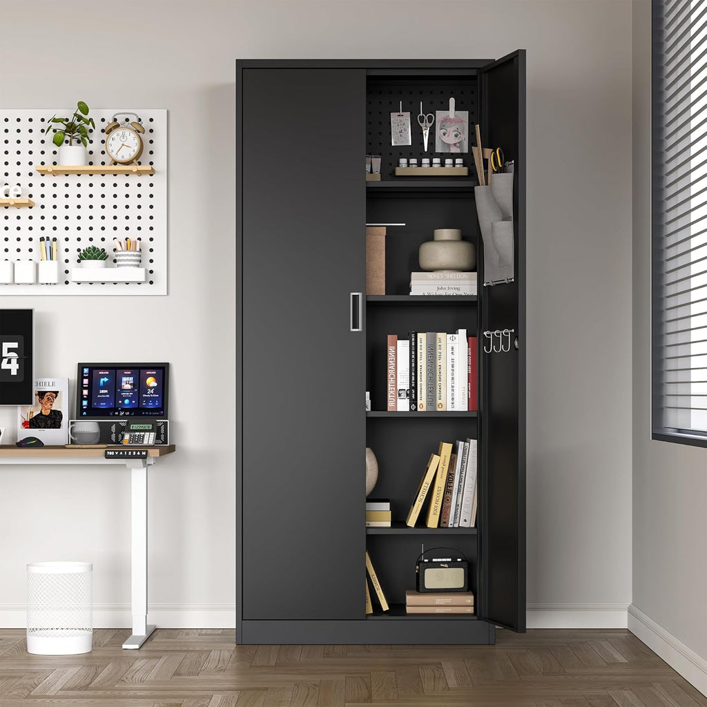 Washemba 71" Metal Garage Storage Cabinet, 2 Locked Doors and 5 Adjustable Shelves, can be Used for Storing Tools, consumables, Books, etc., for Office, Home, Garage, Gym, School (Black)