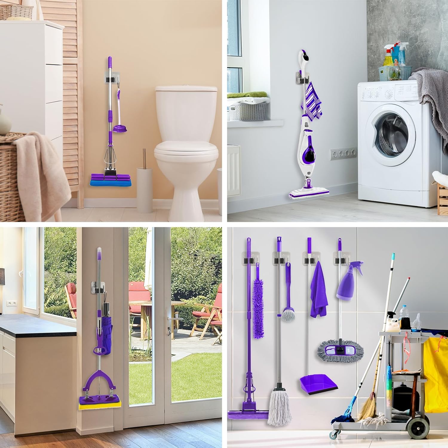 Broom Holder Wall Mount Screw Drilling, Sturdy Heavy Duty Stainless Steel Mop Gripper Rack Perforated, Perfect for Laundry Room Organizer, Fit with Laundry Kitchen Garage Garden Storage System