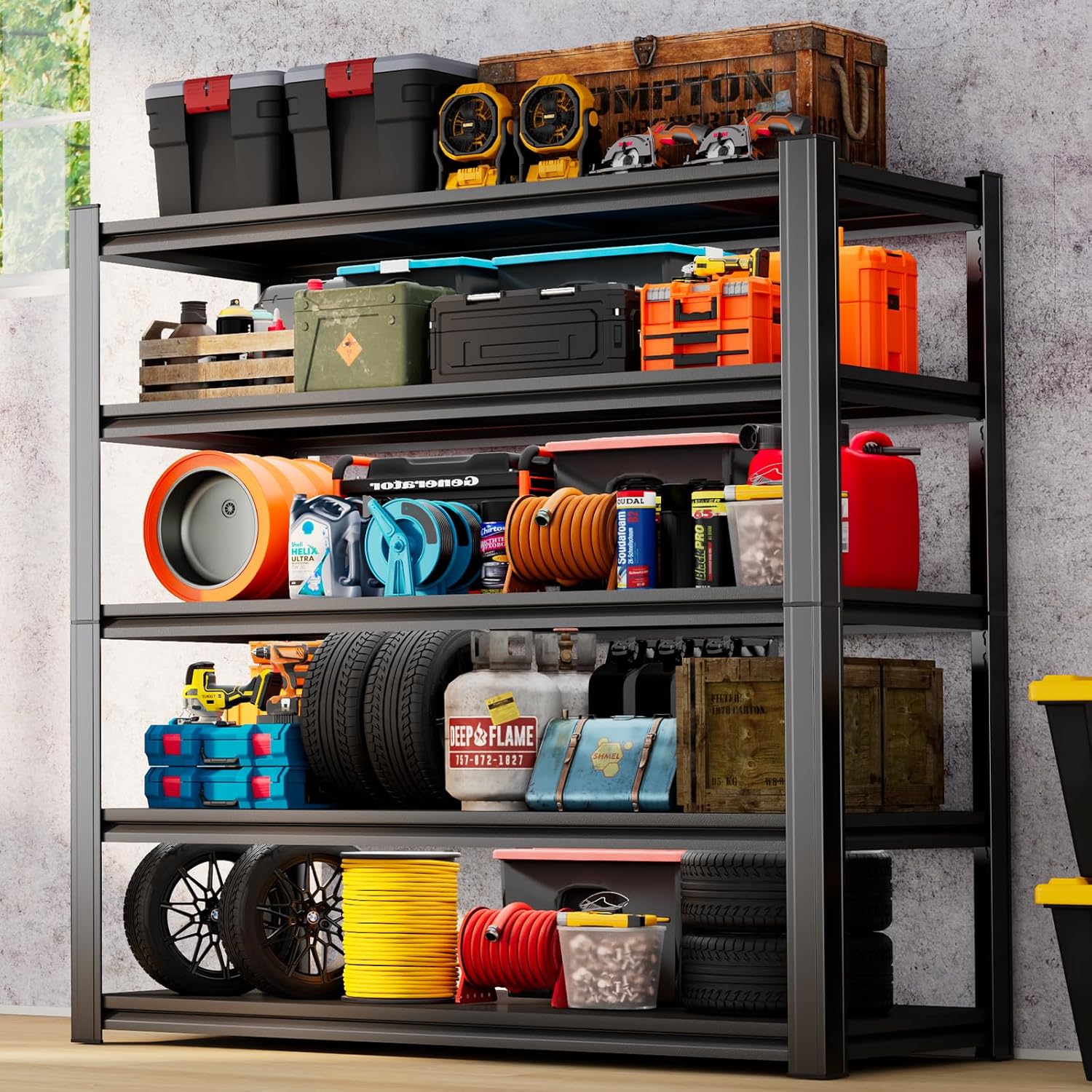 59" H Garage Shelving 3000LBS Capacity Heavy Duty Storage Shelves, Adjustable 5 Tier Metal Industrial Shelf for Kitchen, Utility Room, Warehouse and Basement,14" Dx32 Wx59 H, Black