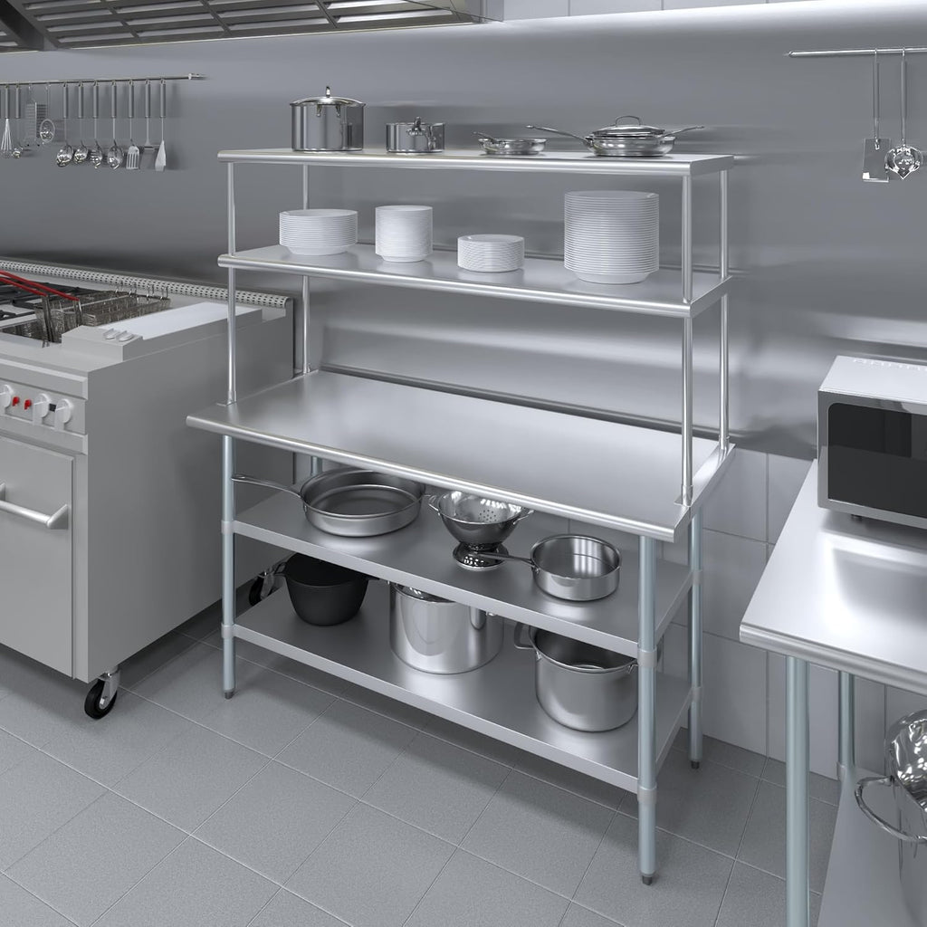 Amgood Stainless Steel Work Table with 2 Shelves | Metal Kitchen Prep Table & Shelving Combo (24" x 60" Table with 2 Shelves + 18" Overshelf)
