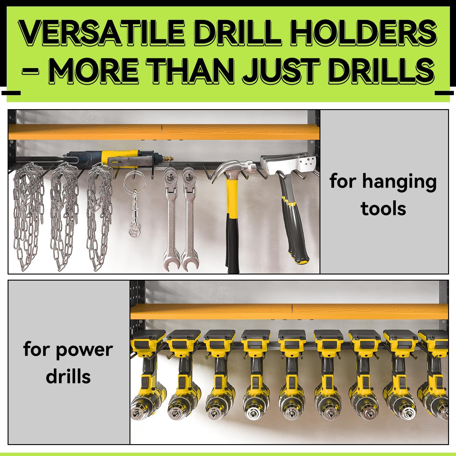 KAFAHOM Power Tool Organizer with Charging Station,9 Drill Holder Wall Mount,4 Layer Durable Metal Cordless Drill Storage for Garage Organization,Battery Tool Rack Built in 7 Outlet Power Strip-Yellow