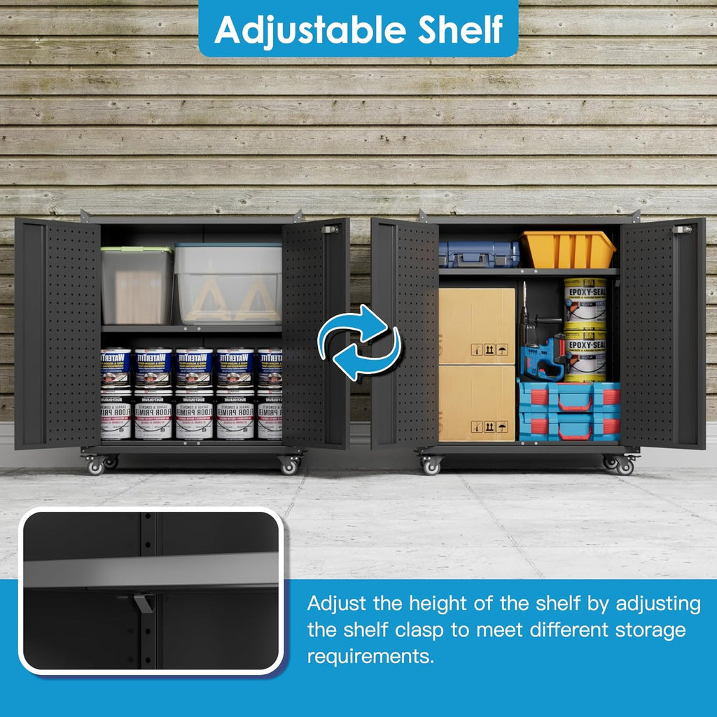Metal Storage Cabinet with Wheels, Rolling Storage Cabinet with 2 Doors and Adjustable Shelves, Pegboard and 4 Hooks, Suitable for Garage, Home, Office, School, Black