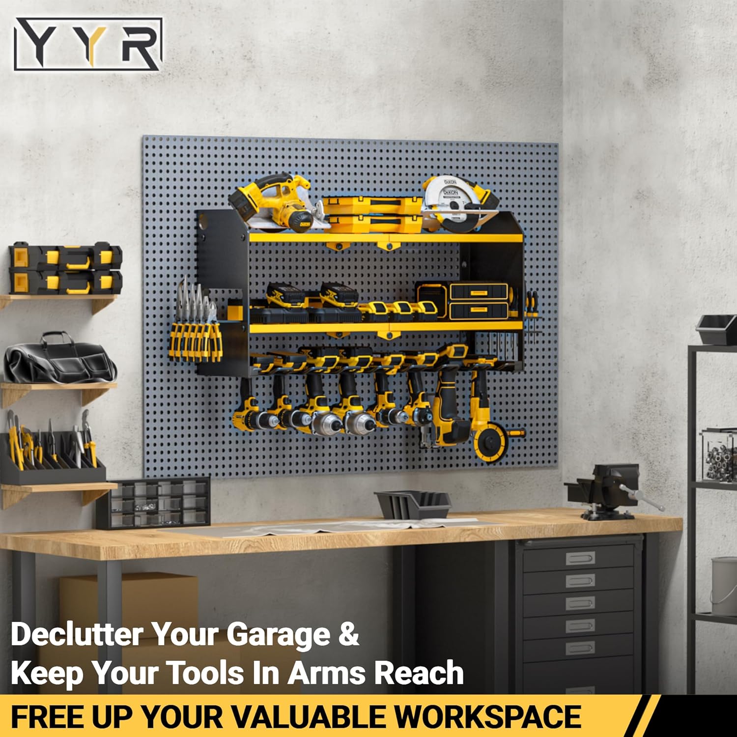 YYR Power Tool Organizer Wall Mount, Cordless Drill and Battery Holder, Electric Tools Hanger Storage Rack with Charging Station, Garage Organization Floating Shelf - Made of Heavy Duty Metal, Yellow