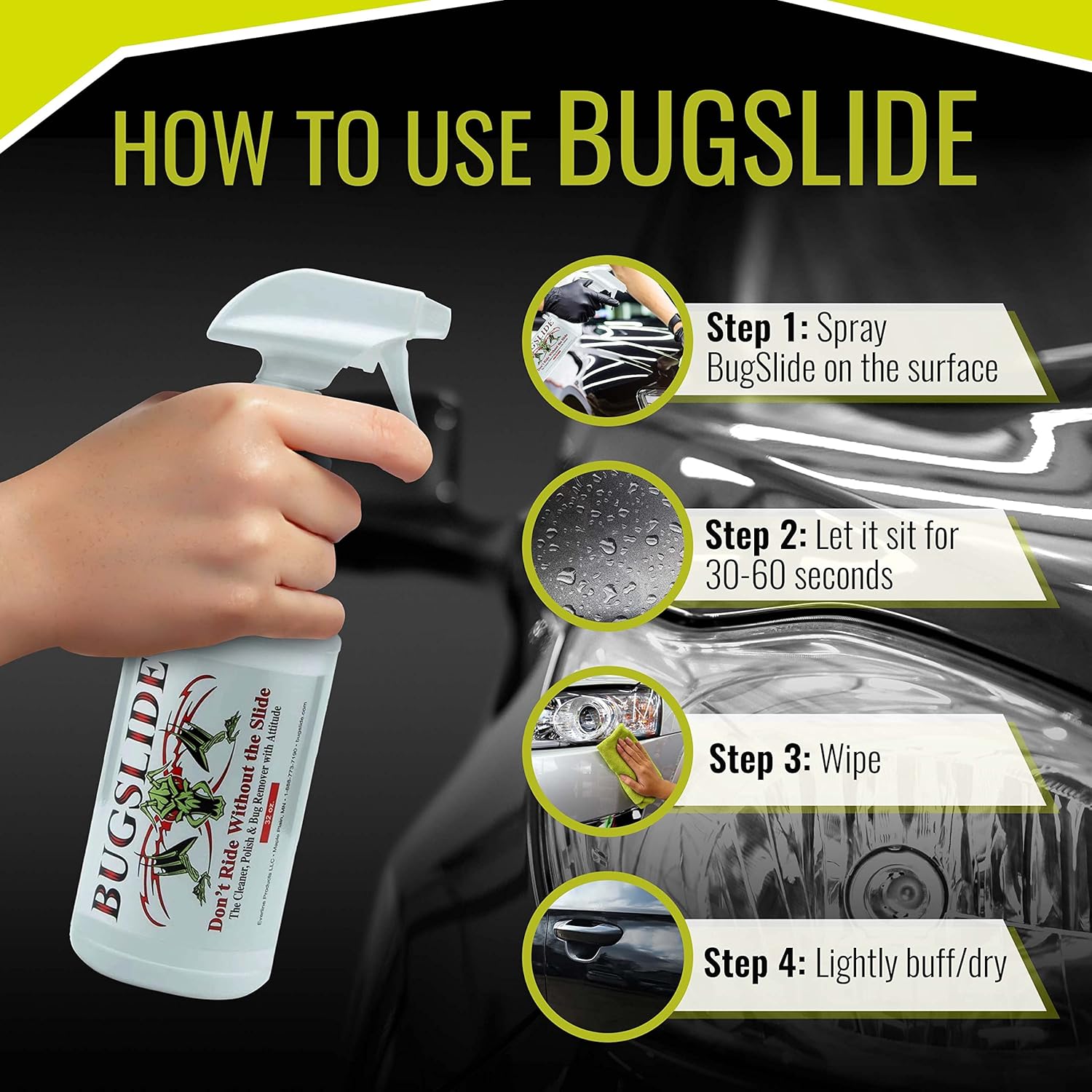 BugSlide 32 Oz Car Detailing Kit with Microfiber Towel – Exterior or Interior Car Cleaner and Waterless Detailer Spray – Clean, Polish, Shine, and Degrease, Never Wax Again – Easy to Use