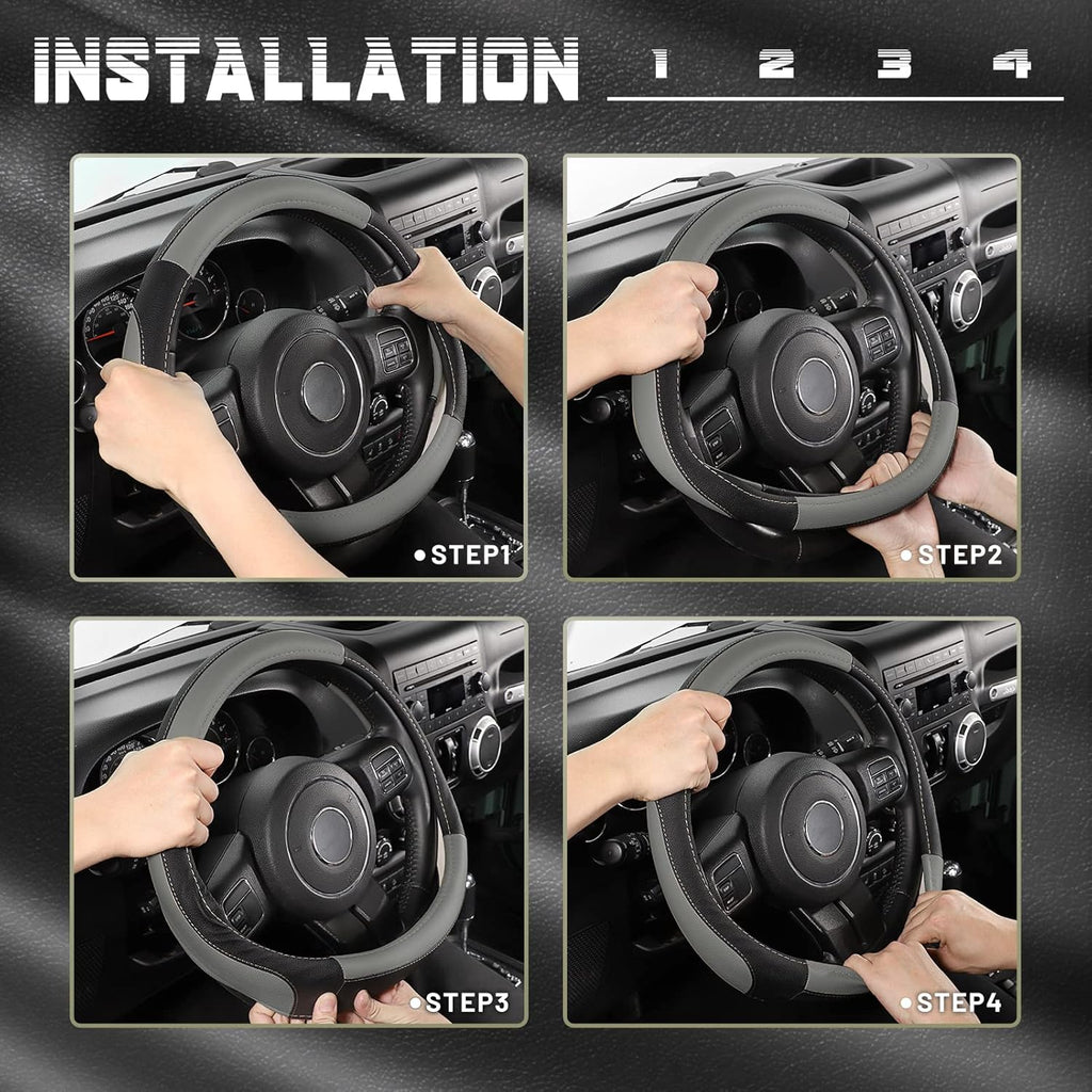 SEG Direct Car Steering Wheel Cover for F-150 Tundra Range Rover 15.5-16 inch, Black and Gray Microfiber Leather