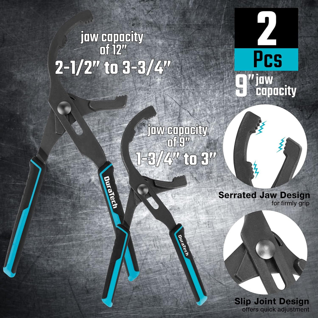 DURATECH 8-Piece Oil Filter Swivel Wrench Set, Wrenches Cover 2-3/4" to 5-1/4", 9" & 12" Adjustable Oil Filter Pliers, Universal 3-Jaw Removal Tool with 1/2" to 3/8" Adapter, Organized in Storage Case