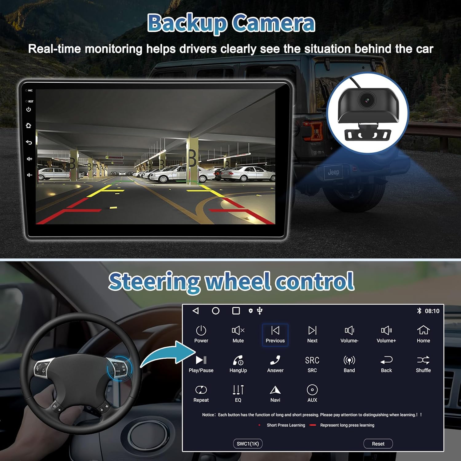 Car Radio Stereo for Jeep Wrangler JK 2007-2018 Dodge Ram 1500 2500 3500 Grand Cherokee, Android 13 2G+64G with CarPlay Android Auto 10 inch Touchscreen Head Unit, GPS BT WiFi AM/FM, Rear View Camera