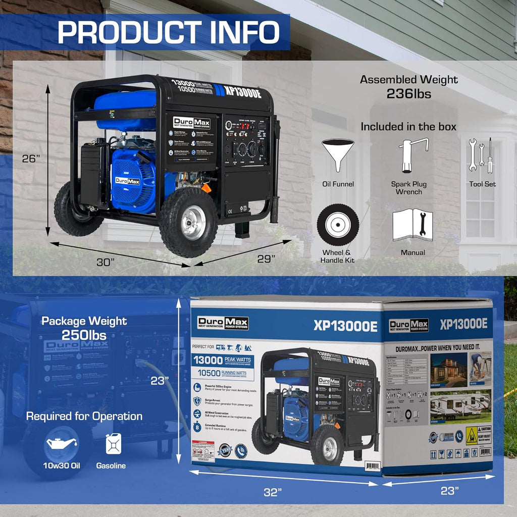 DuroMax XP13000E 13,000-Watt Gas Powered Portable Generator - Electric Start, Whole Home Backup Power, Transfer Switch Ready, RV & Emergency Ready