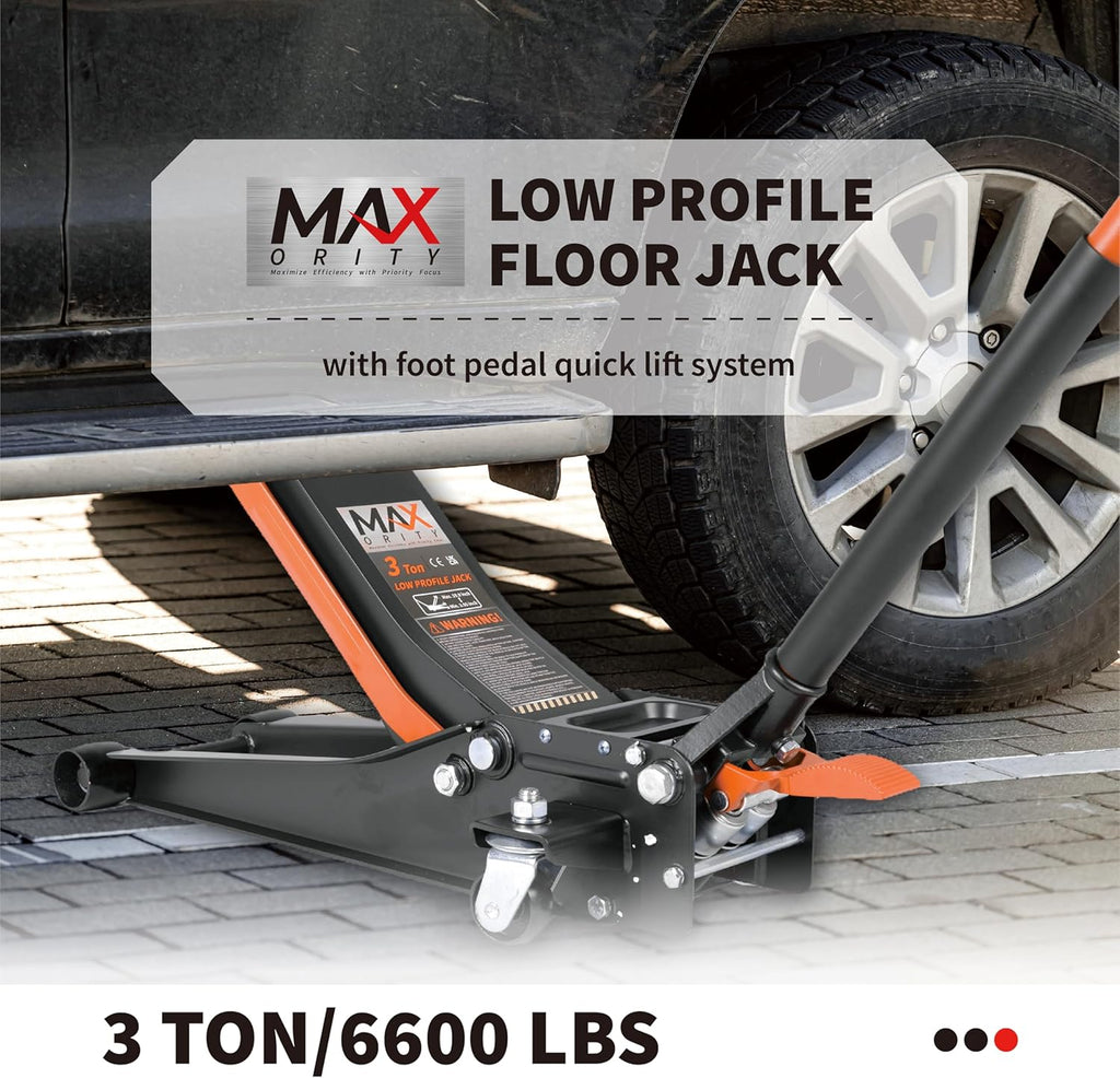 3-Ton (6600lbs) Low-Profile Dual Pistons Heavy-Duty Steel Racing Floor Jack with Quick Lift Hydraulic Pump, Foot Pedal and Magentic Pad for Car Maintenance (Orange, 3 Ton Low Profile)