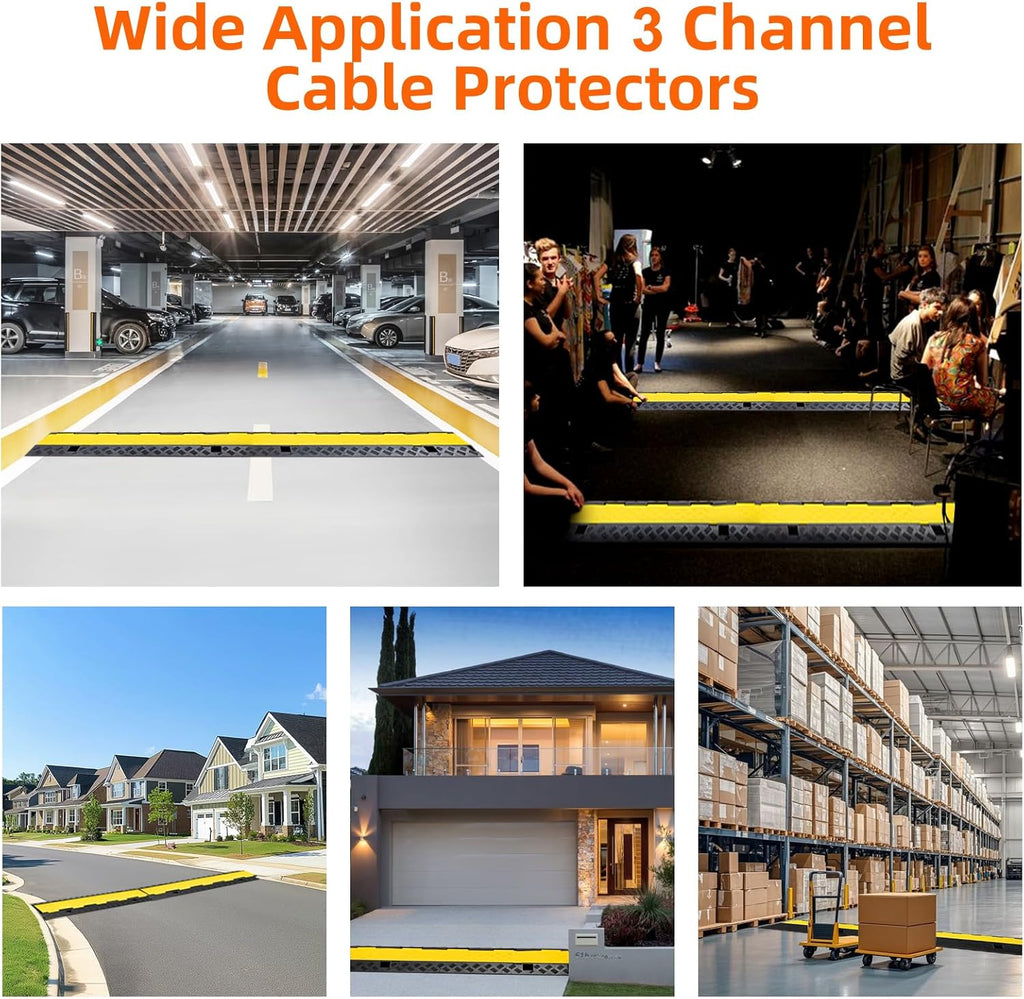 3 Channel 2 Pack Cable Protector Ramp Traffic Wire and Hose Ramp Cord Cover Heavy Duty Channels 44,000 lbs Load Capacity Cable Wire Ramps Speed Bump Driveway Cable Protective Cover